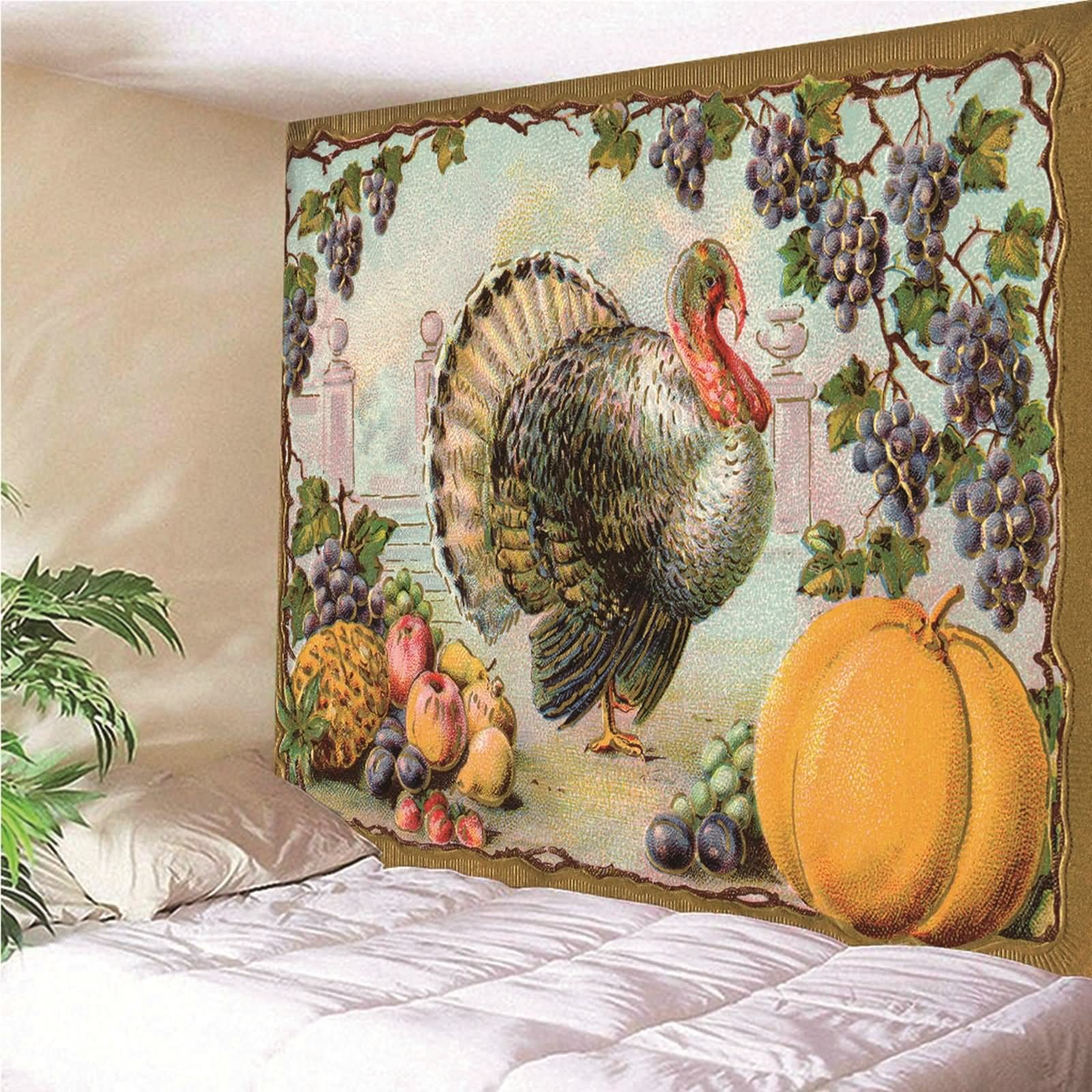 Aotiwe Uroczy gobelin, dekoracje ścienne do sypialni owoce i indyk poliester wielokolorowy 350 x 256 cm do wnętrz