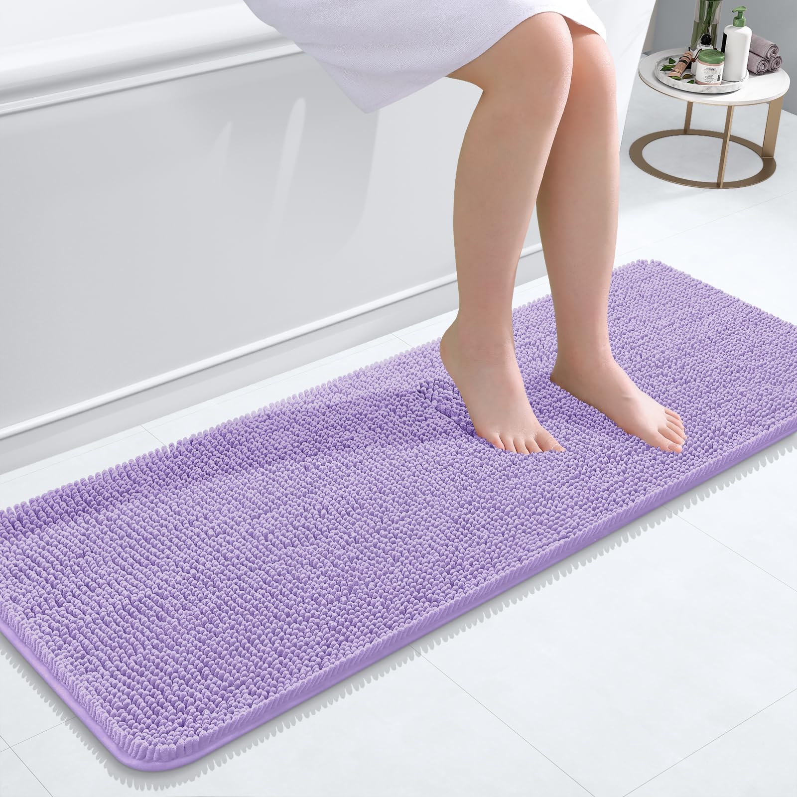OLANLY Bathroom Runner Rugs 47x17, Extra Soft Absorbent Chenille Bath Rugs | Lavender, Quick-Drying Rubber Backing, Washable Long Bath Mat for Bathroom Floor, Tub and Shower, Home Decor Accessories