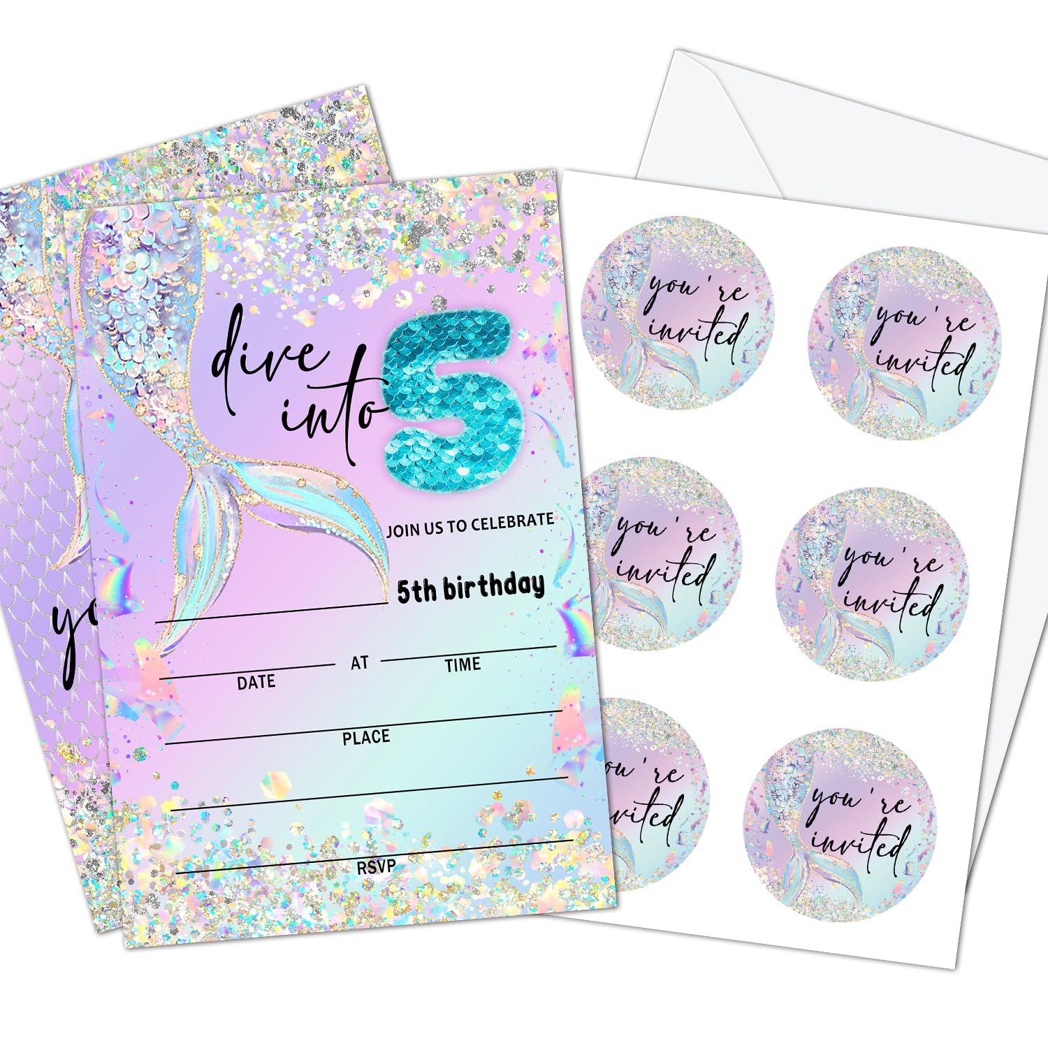 Set of 20 Golden Glitter Scales Mermaid Birthday Invitation, Party Invitations for 5th Grils & Kids with Envelopes and Pieces Stickers, Supplies for