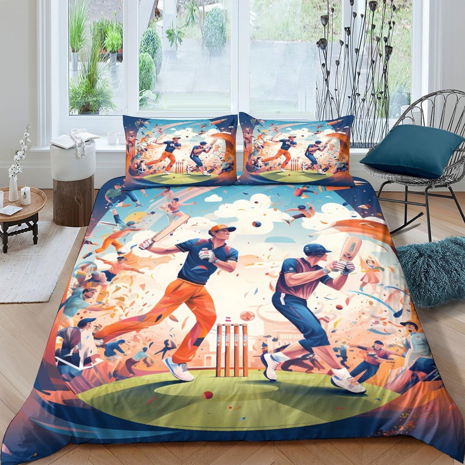Ctjqhvkz Style-1 3D Printed Cricket Match Fitted Sheet Microfiber Orange Blue Bed Cover For Bedroom Guest Room Decor Mattress Protection Single（135X200cm）