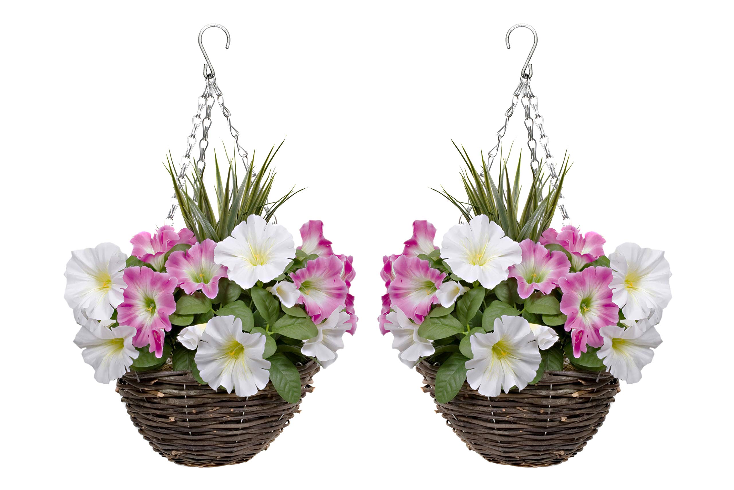 GreenBrokers Hanging Baskets 2X Artificial Round Rattan Pink & White Petunias and Decorative Grasses (Set of 2) — image 1