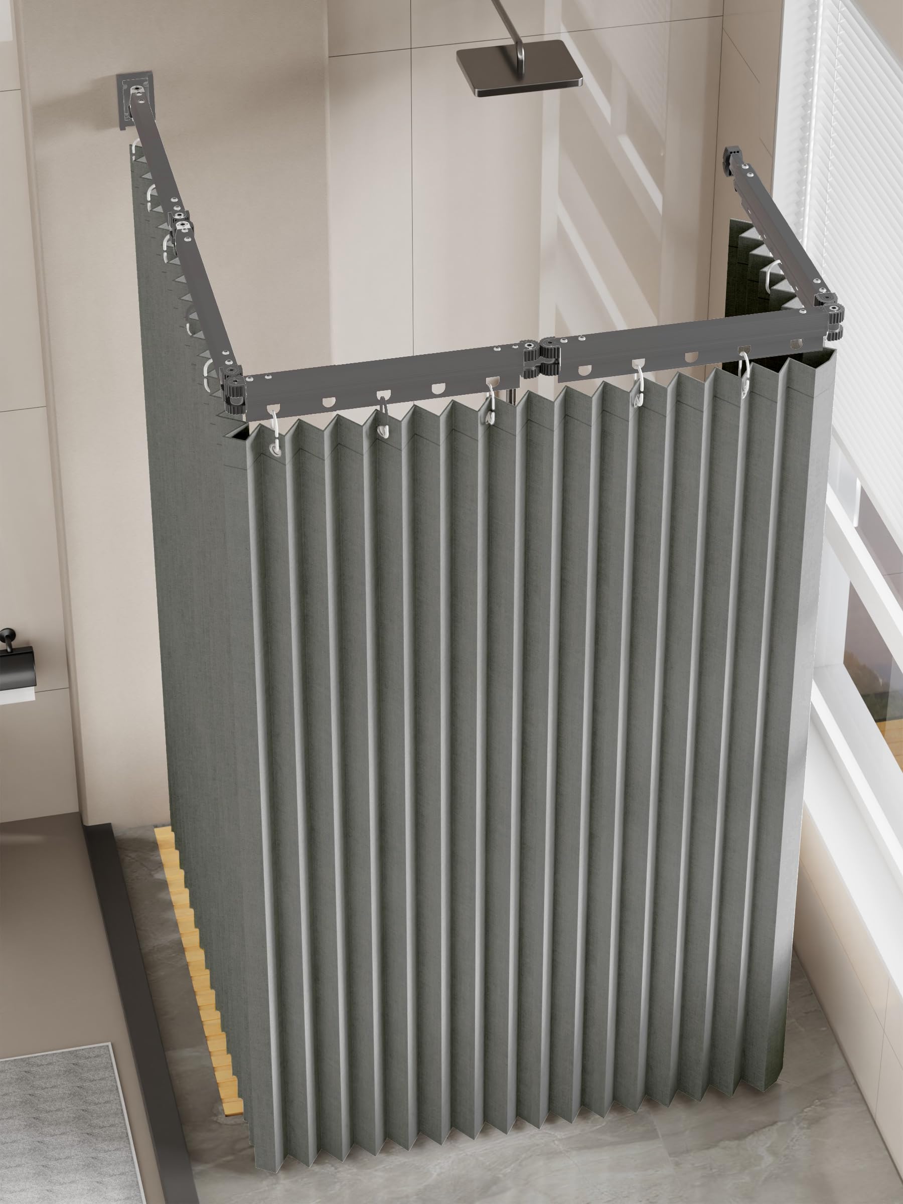 Tringle Rideau Douche Sans Perçage, Pliable 2m, avec Rideau de Douche 1,8×2m, Tringle à 5 Plis et Barre Télescopique 25,5 cm, pour Salle de Bain, Vestiaires, Camping-cars (Gris)