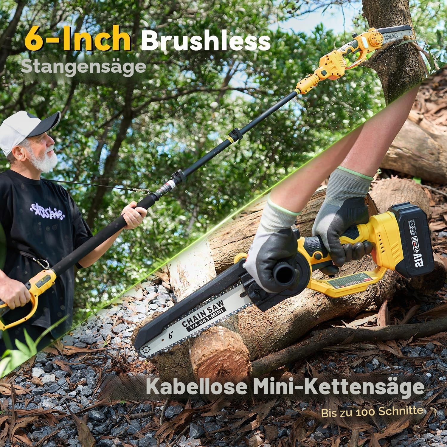 Akku-Hochentaster, 6-Zoll bürstenlose Mini-Kettensäge mit 2x 4000mAh Akkus & Ladegerät, elektrische Teleskop-Astsäge, 180° schwenkbarer Motorkopf, verstellbare Teleskopstange bis 2,8m