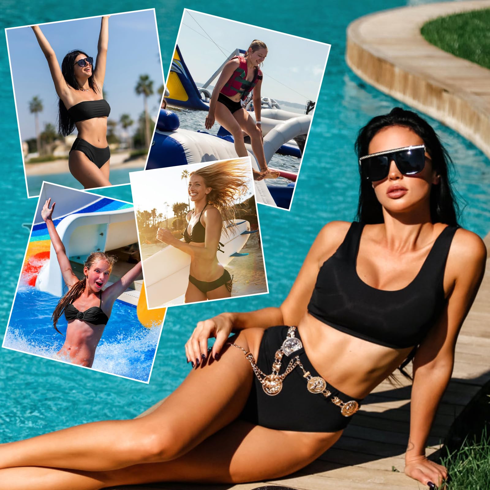 Traje de baño periodo Mujer 4 Capas Antifugas Braguita Bikini Cintura Alta Negro Adolescente
