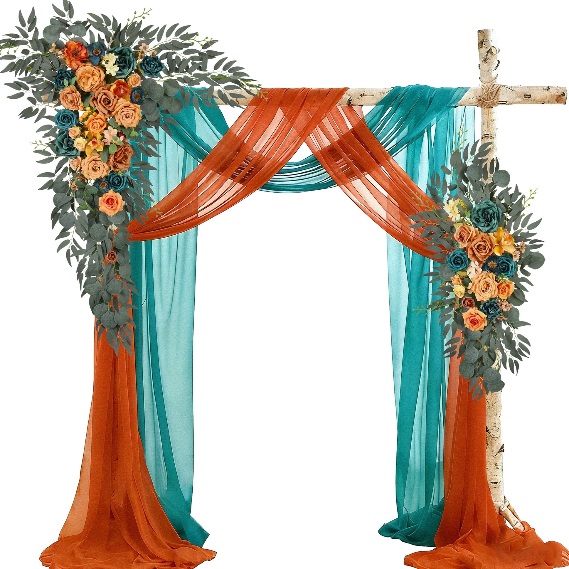 Hochzeitsbogen Blumen mit Vorhängen-Set (4 Stück) – 2 Stück künstliche blaugrüne orange Herbst-Deluxe-Girlande mit 2 durchsichtigen Vorhängen für Hochzeitszeremonie, Laube, Empfang