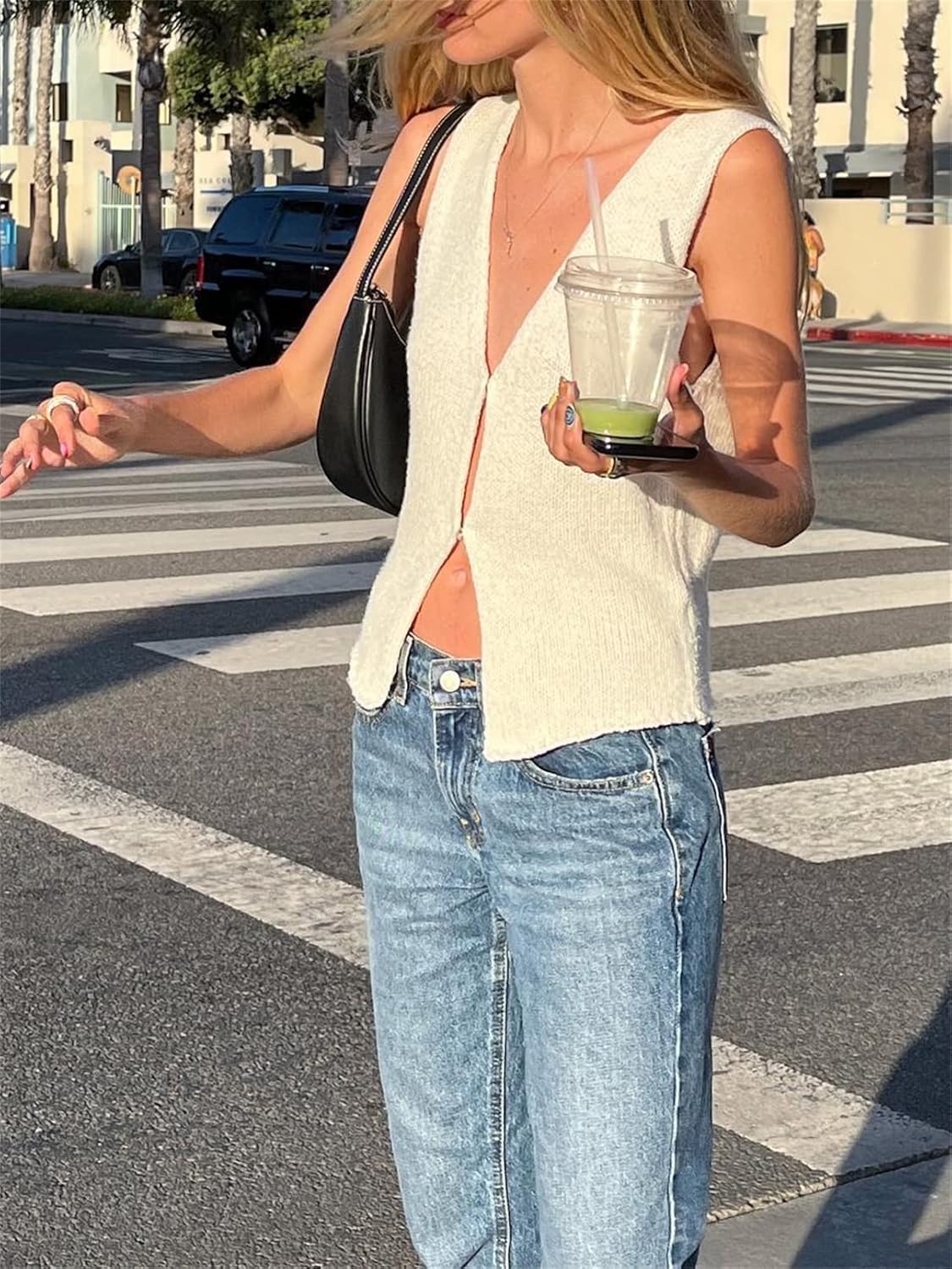 Aopwsrlyi Women Crochet Knit Crop Vest Button Down V Neck Sleeveless Crop Tops Open Front Hollow Out Tank Top - Image 5