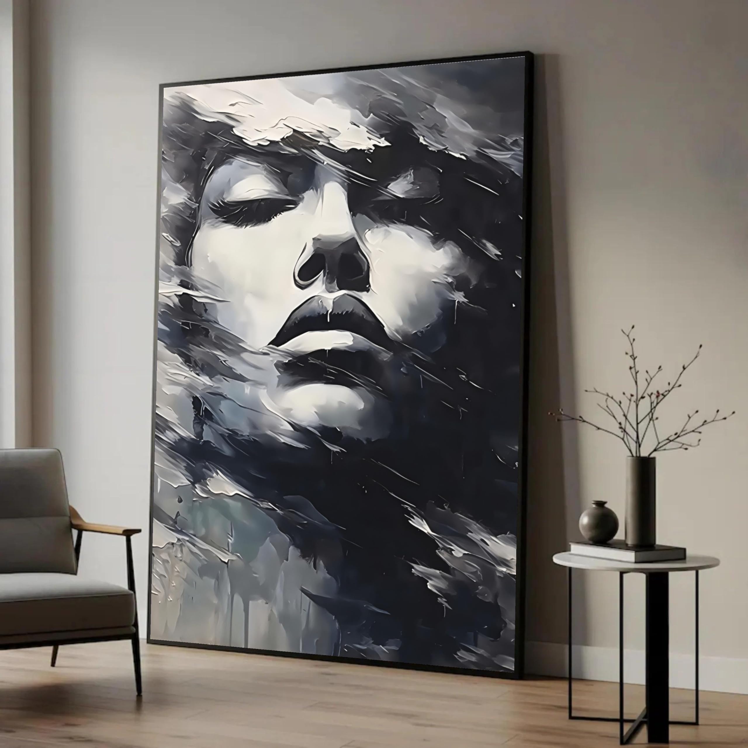 Tongyinli Frameless Abstract Woman Face Canvas Print, Black White Expressionist Canvas Oil Painting, Wall Art For Living Room(60X80cm/Frameless)