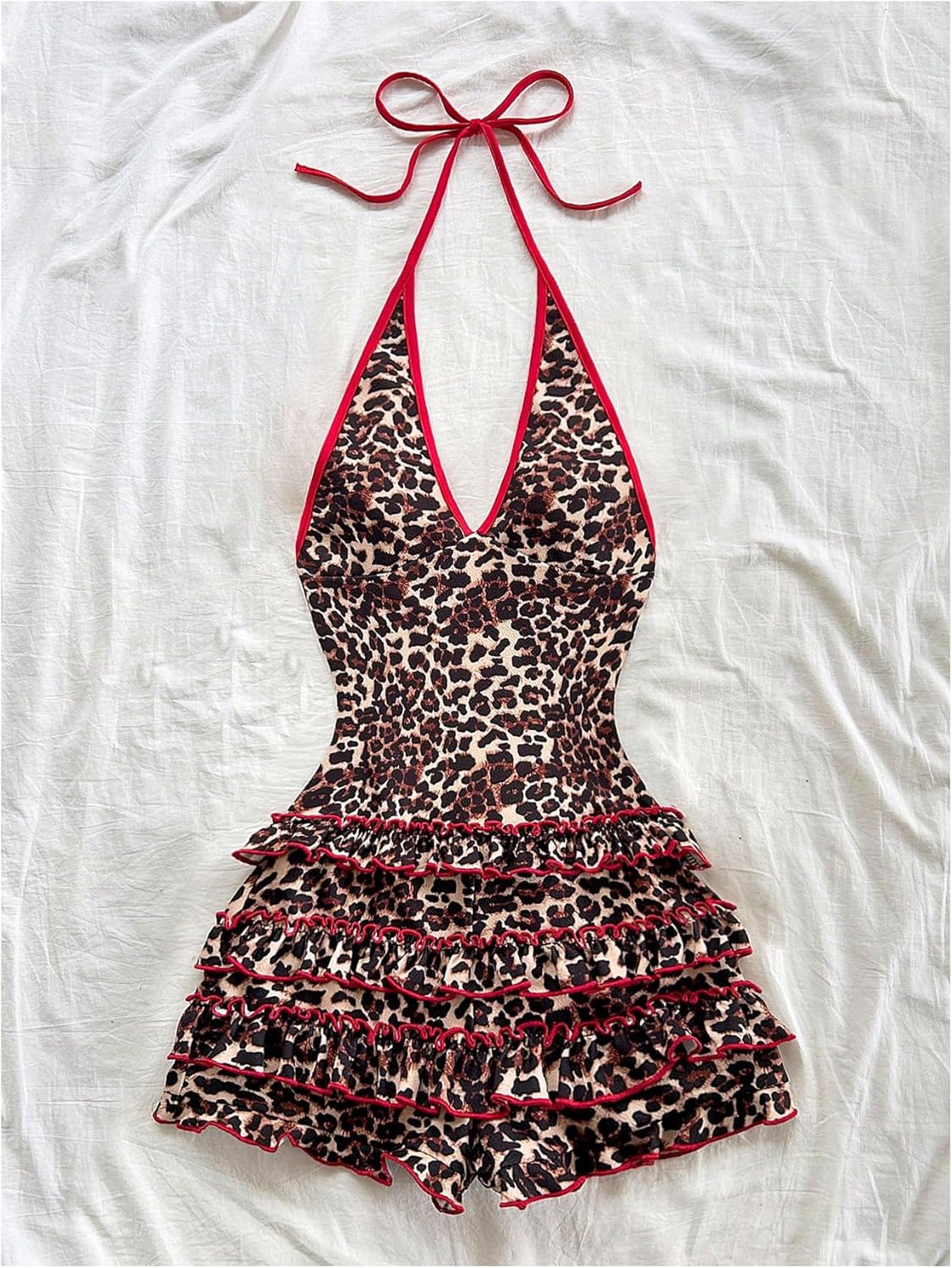 SOLY HUX Women's Leopard Halter Rompers Y2k Cheetah Print Sexy V Neck Sleeveless Layered Ruffle Short Jumpsuit Clubwear - Image 5