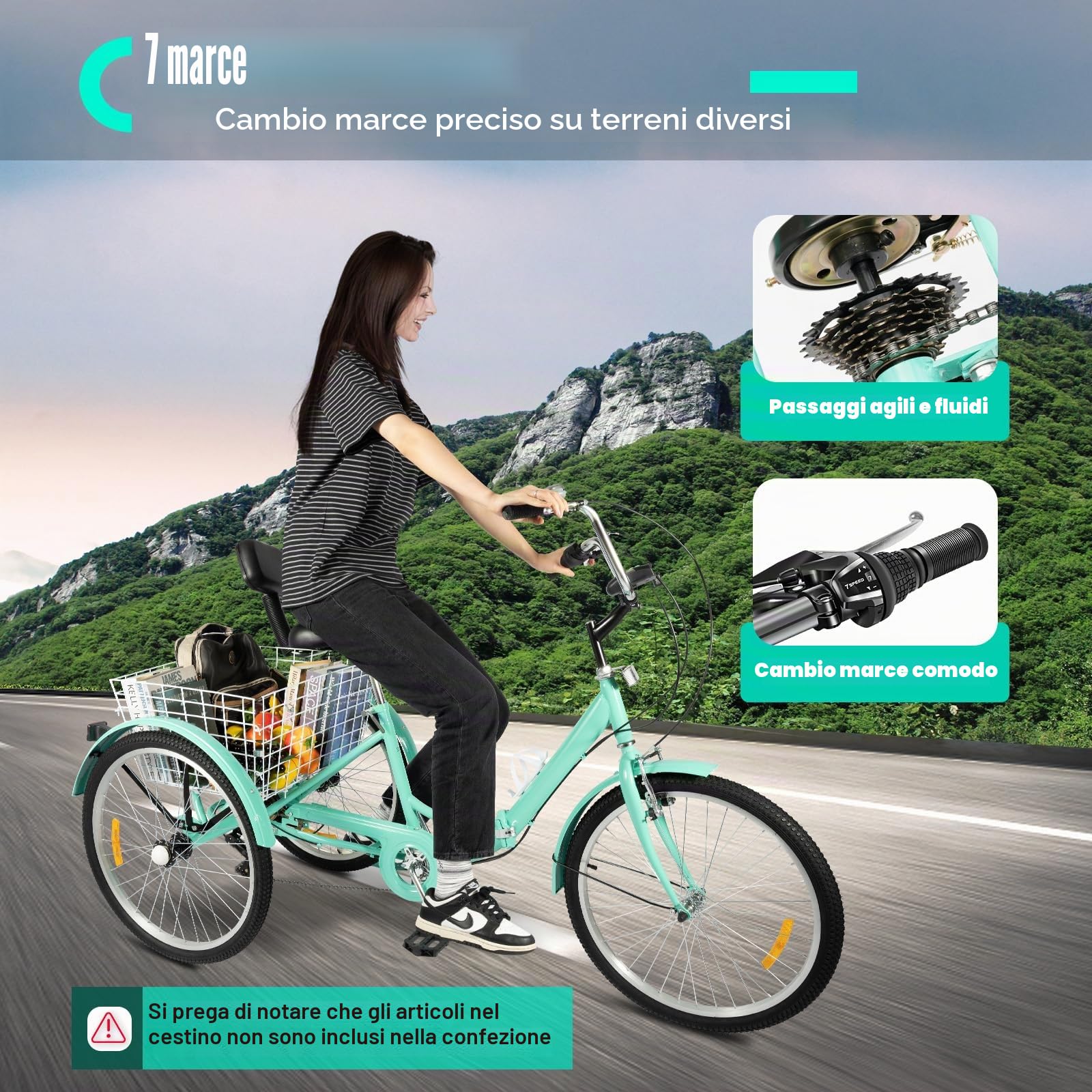 24" triciclo per adulti, triciciclo a 3 ruote, 7 marce con luce a LED, cestino per verdure e portabicchiere, triciclo pieghevole, bicicletta pieghevole, mobilità per lo shopping, city bike.