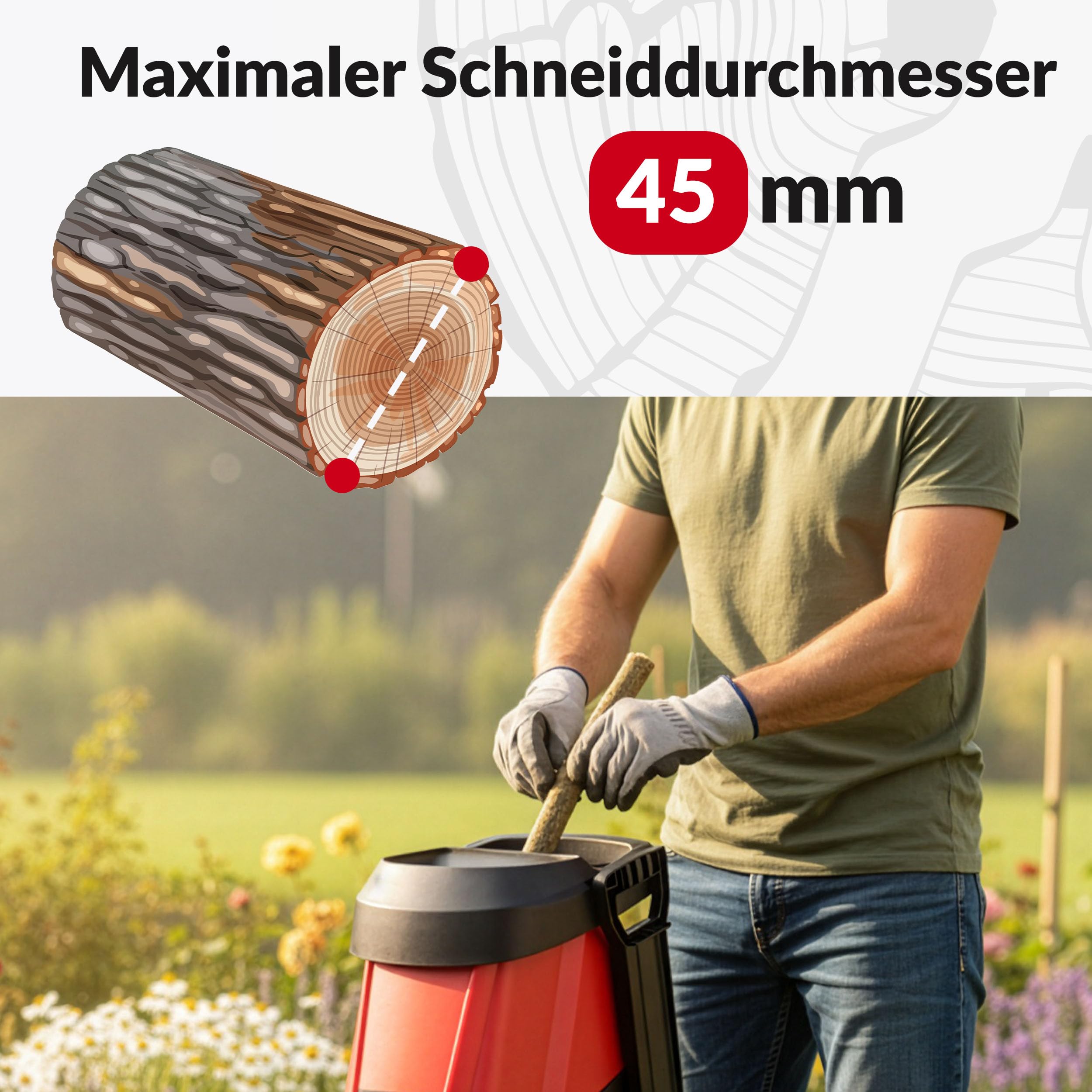 LEHMANN Elektro Gartenhäcksler, 3000 W, Messerhäcksler für Äste bis 45 mm, Laubhäcksler mit robustem Fahrgestell, Rädern und 50 L Fangbox, Holzhäcksler mit Zubehör, Sicherheitsschalter, Rot