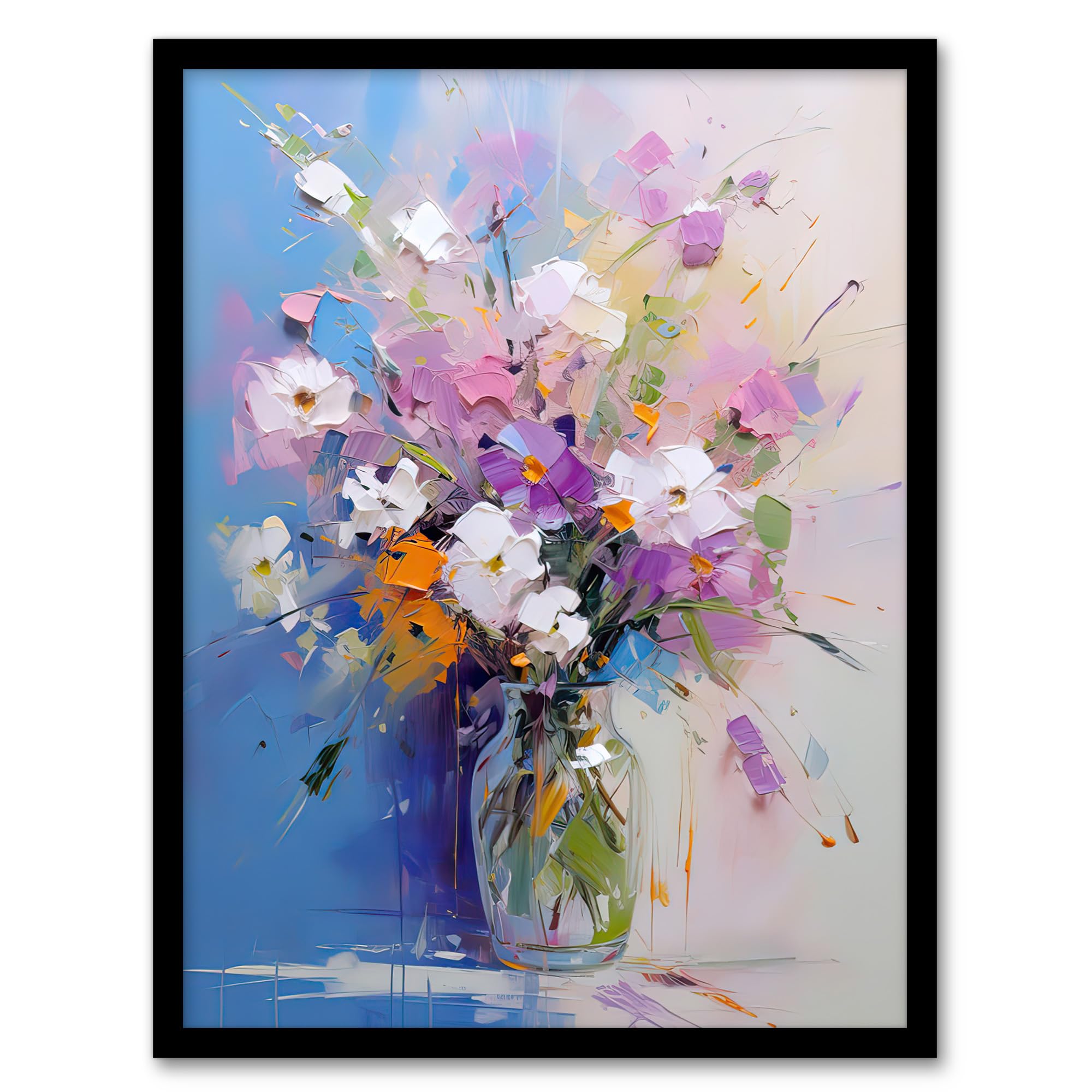 Wildflower Bouquet Glass Vase Oil Painting Pastel Framed Wall Art Print - A4 Size - Blue