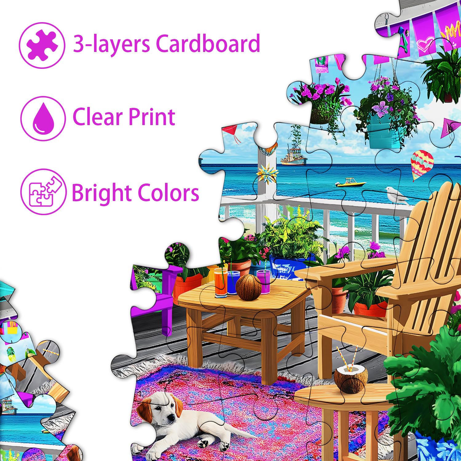 PICKFORU Beach Puzzles for Adults 1000 Pieces, Colorful Seaside Puzzle Beach Chair Flower, Impossible Holiday Puzzles as Wall Art - Image 3
