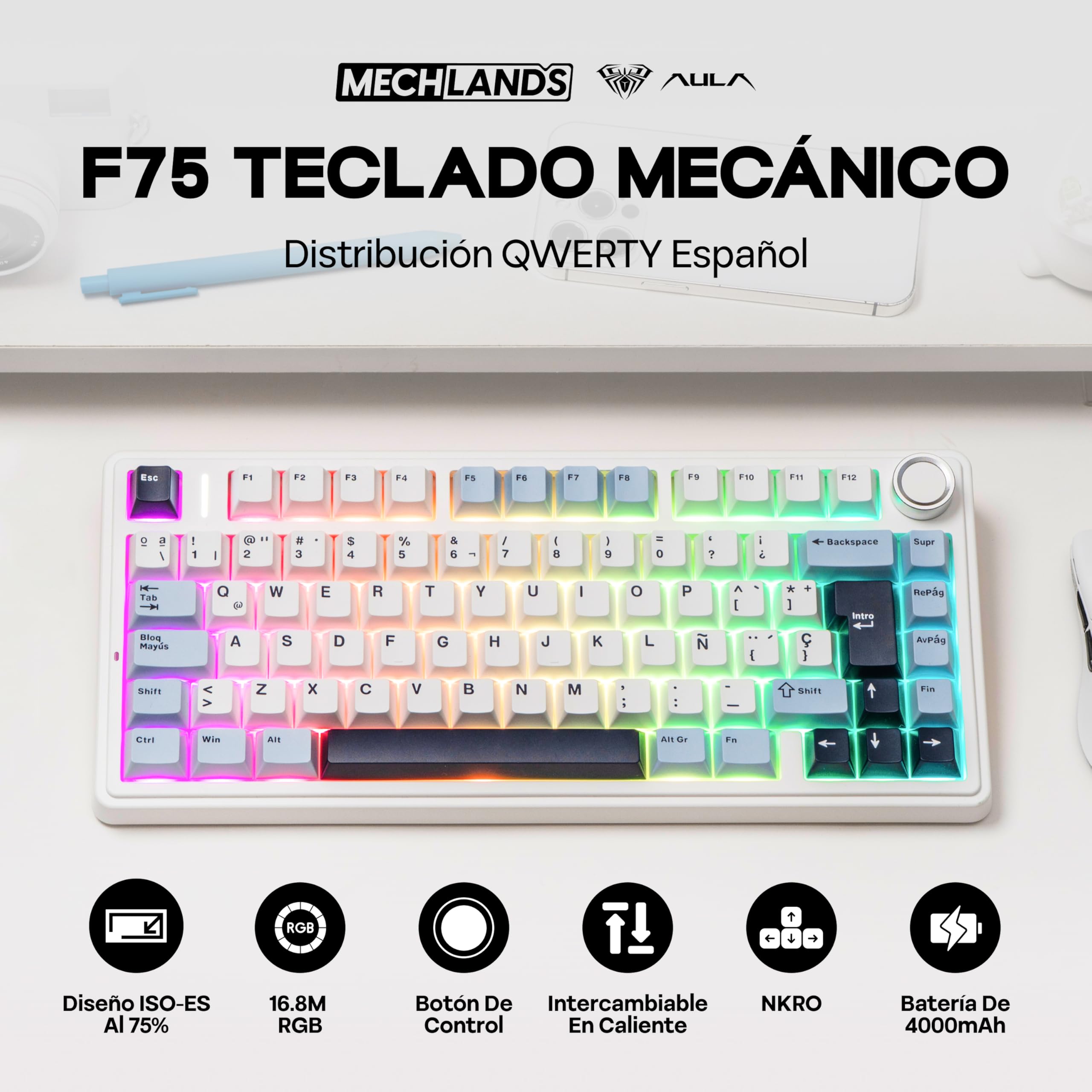 MechLands Aula F75 75% Teclado Mecánico para Gaming, Distribución QWERTY Español, Retroiluminación RGB, Teclado BT5.0/USB-C/2,4 GHz con Mando Giratorio, Reaper Switches para Win/Mac (Azul Claro)
