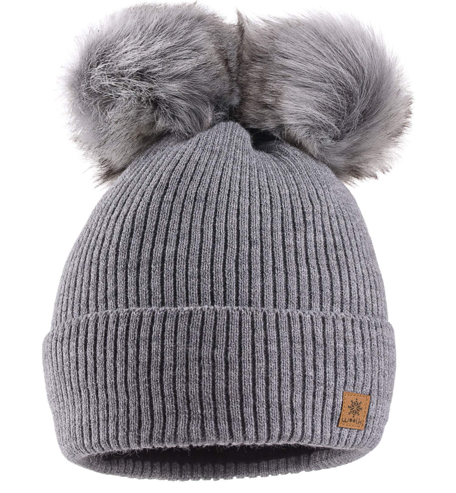 Mfaz Morefaz Ltd Women's Grey Winter Beanie Hat Knitted Chunky With Double Faux Fur Pom Pom (Grey)