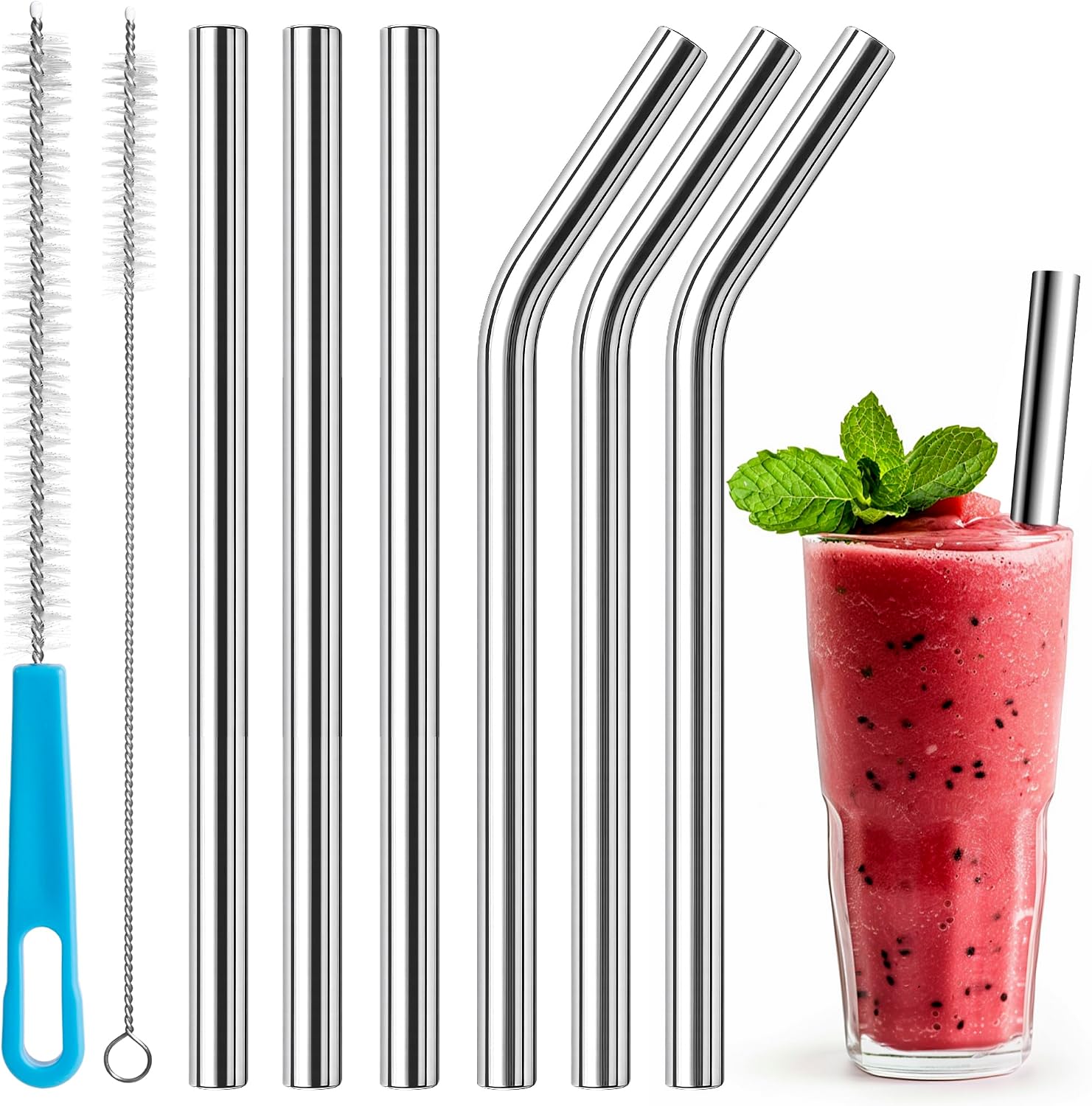 Metal Smoothie Straws 0.4'' Extra Wide Stainless Steel Reusable, 6 Pack
