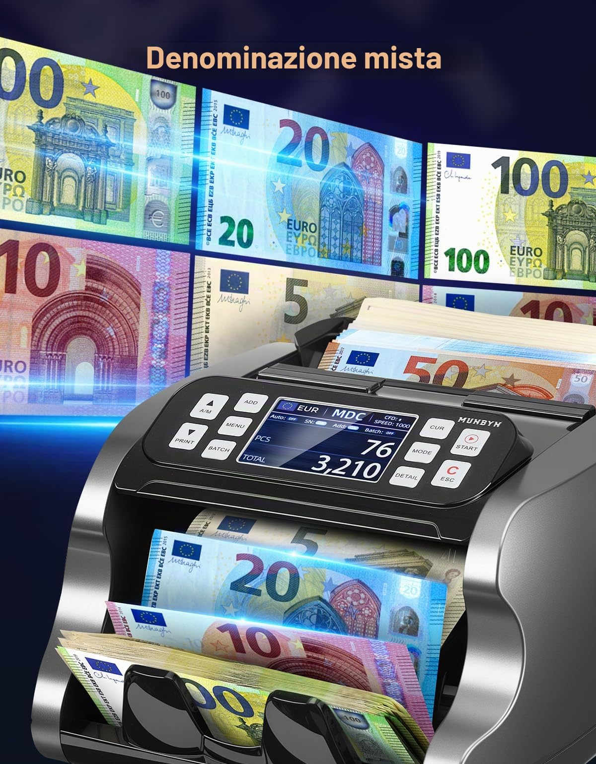 MUNBYN IMC22 Macchina contasoldi per tagli misti, doppio display, rilevamento di banconote contraffatte CIS/UV/IR/MG per USD, EUR, GBP, MXN, CAD, ideale per le aziende, protezione di 2 anni, nero
