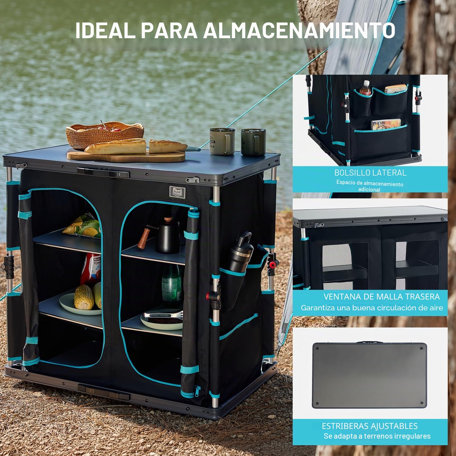 TIMBER RIDGE Armario de almacenamiento para camping, unidad de cocina plegable para camping, muebles portátiles para exteriores con 6 compartimentos de almacenamiento y mesa grande, marco de aluminio