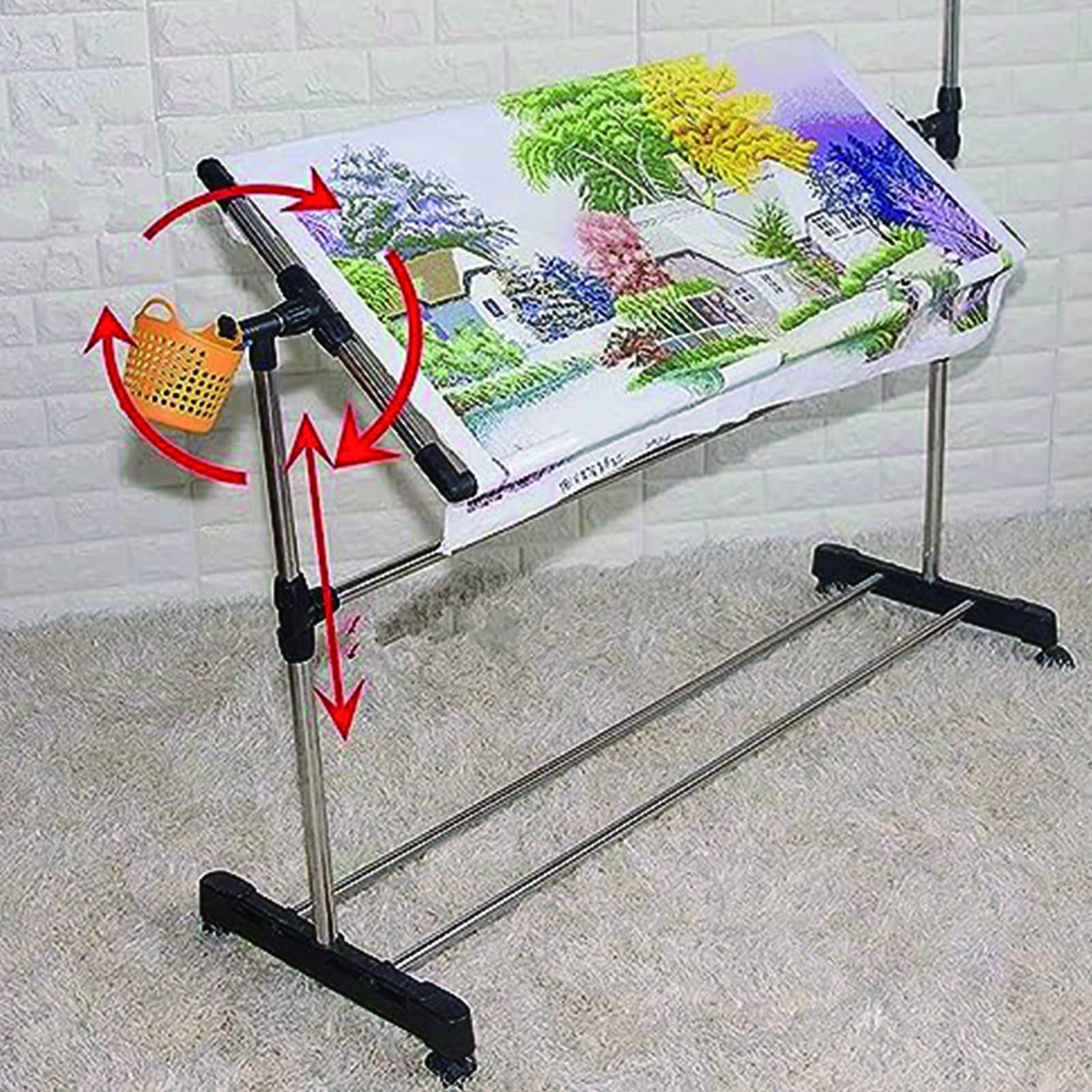 Soporte de bordado, diseño giratorio ajustable con ajuste de altura, práctica base de polea sobre ruedas para manualidades de costura y proyectos de bricolaje
