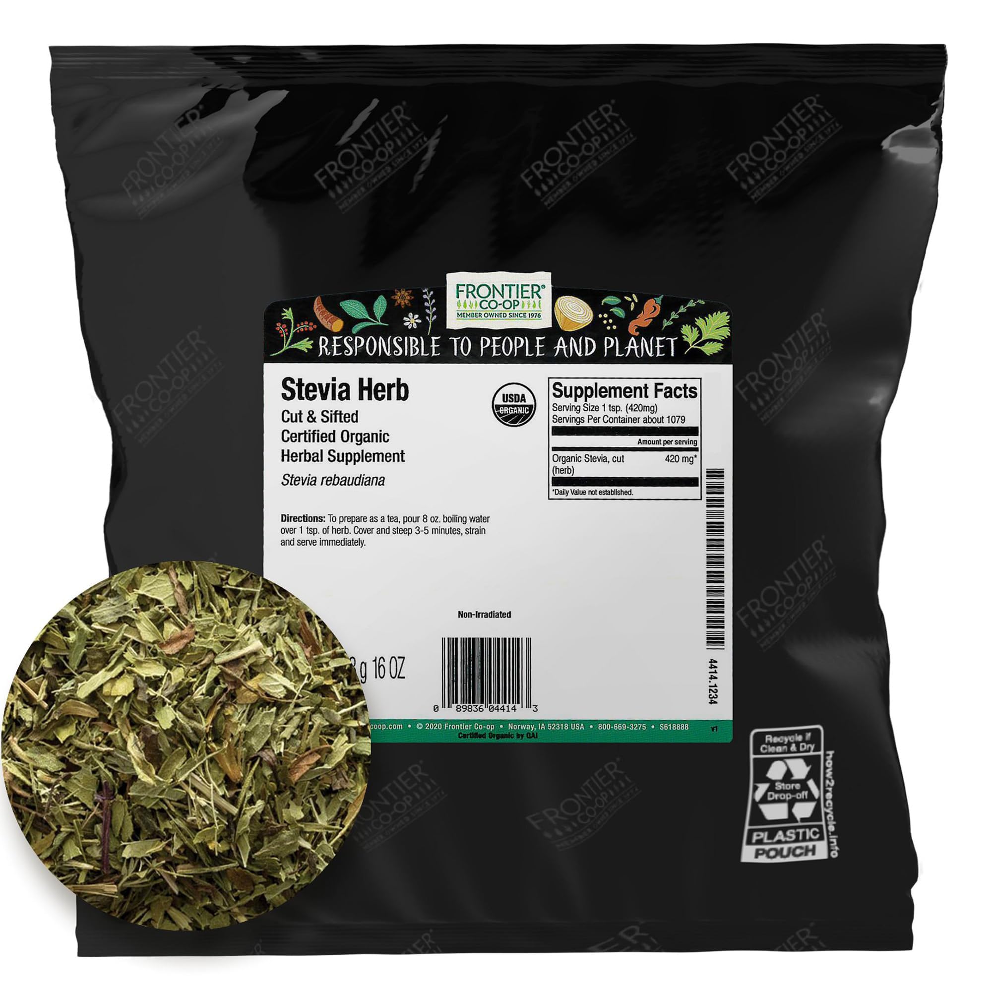Frontier Co-op Stevia Herb, Cut and Sifted (Green), Certified Organic | 1 lb. Bulk Bag | Stevia rebaudiana Bertoni