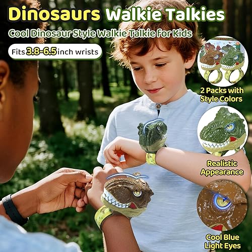 Vista 3 de Vvinca Walkie Talkies de dinosaurio para niños, paquete de 2 unidades, juguetes de dinosaurio T-Rex, regalos de Navidad para niños de 3-5, 5, 5, 7