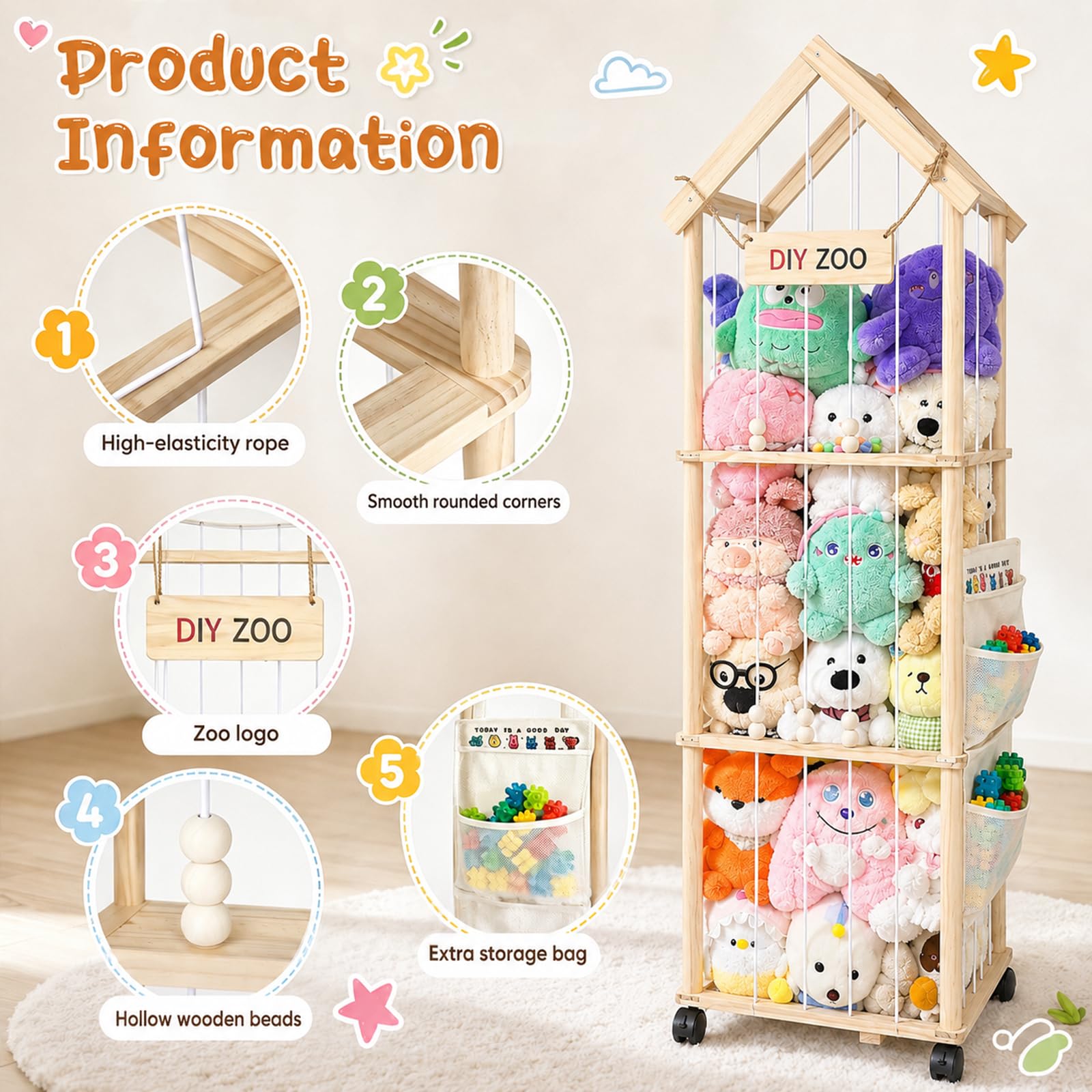 Kuscheltier Aufbewahrung, Stofftier Aufbewahrung 146 * 42 * 32cm Plüschtier Lagerung für Kinderzimmer, Spielzimmer, Schlafzimmer, Kinderzimmer Mit Aufbewahrungsbeutel(mit Dach)