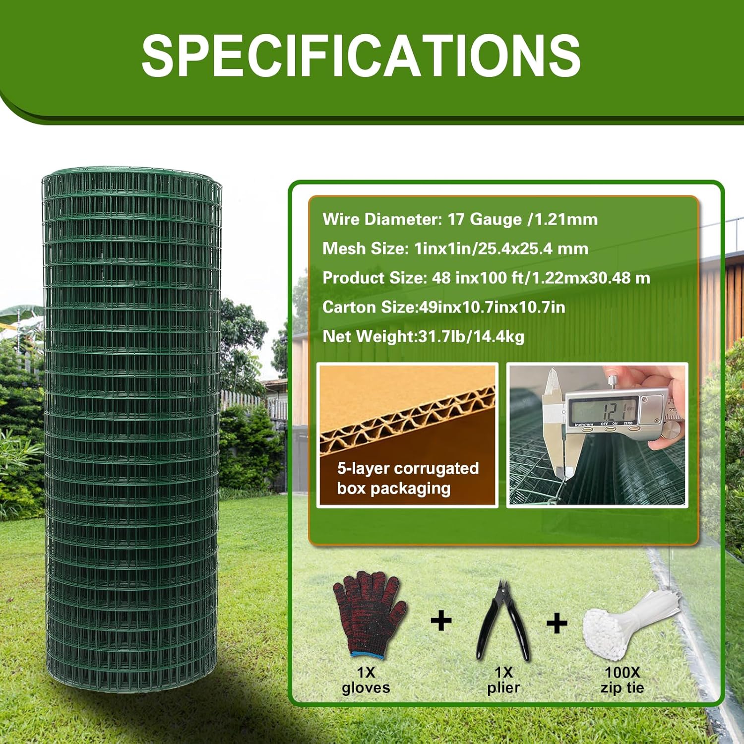 Hardware Cloth 1' 48in x 100ft Chicken Wire, Green Garden Fence, PVC Coated Metal Welded Wire Mesh for Preventing Snakes, Raccoons, Foxes, Poultry Netting