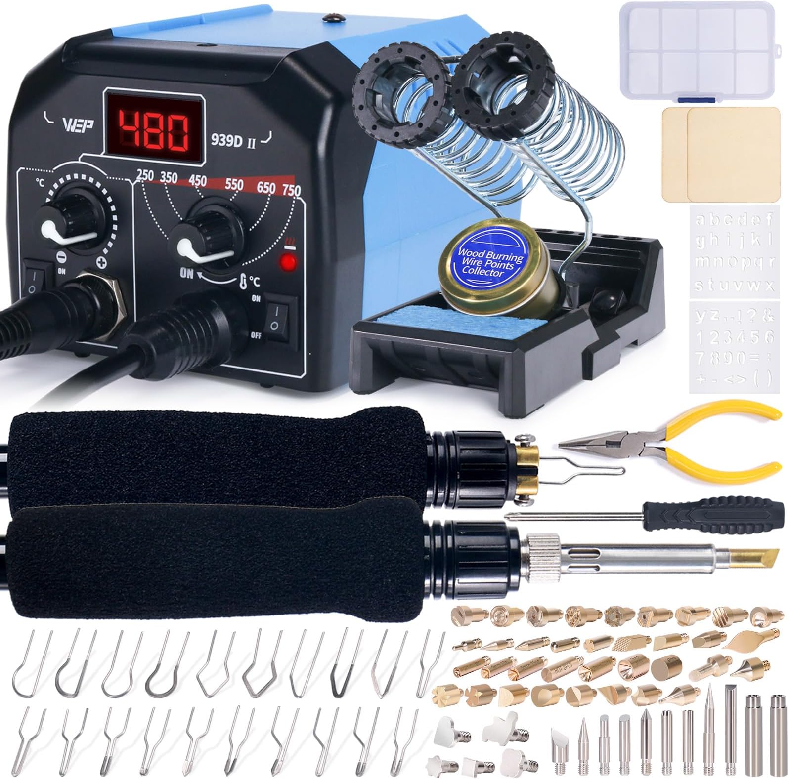 939D-II 2-in-1 Wood Burning Kit 86-in-1 with 51 Solid Points and 20 Wire Nibs Wood Burner with 2 Letter Number Stencils, 2 Unfinished Wood, 1 Pen Holder, Burning Tool