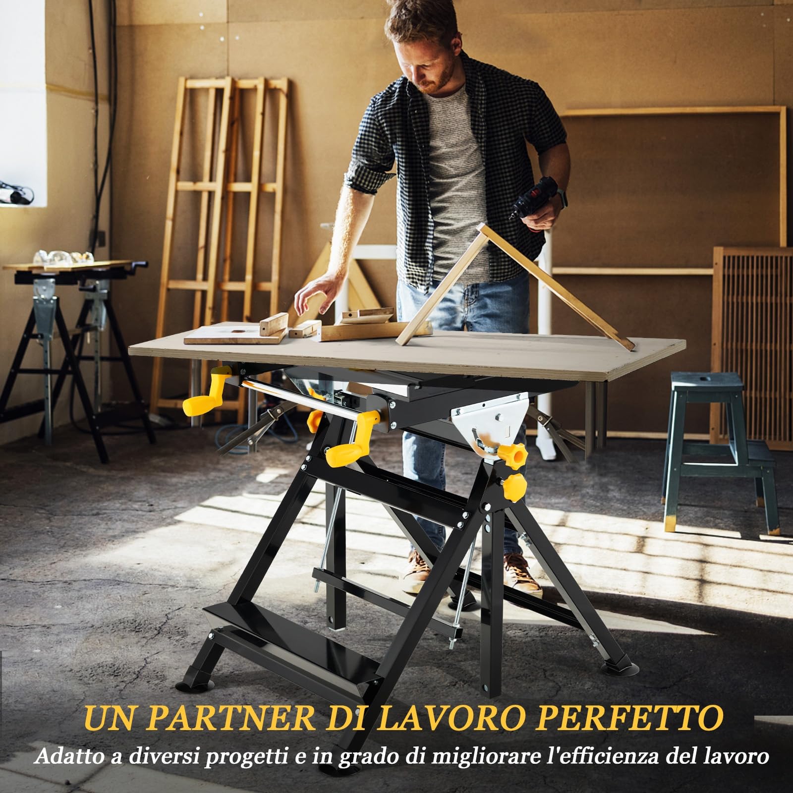 GYMAX Banco da Lavoro Pieghevole Portatile, con Piattaforma Inclinabile, Altezza Regolabile a 7 Livelli e Morsetti Scorrevoli, Tavolo da Lavoro per Casa Garage Officina