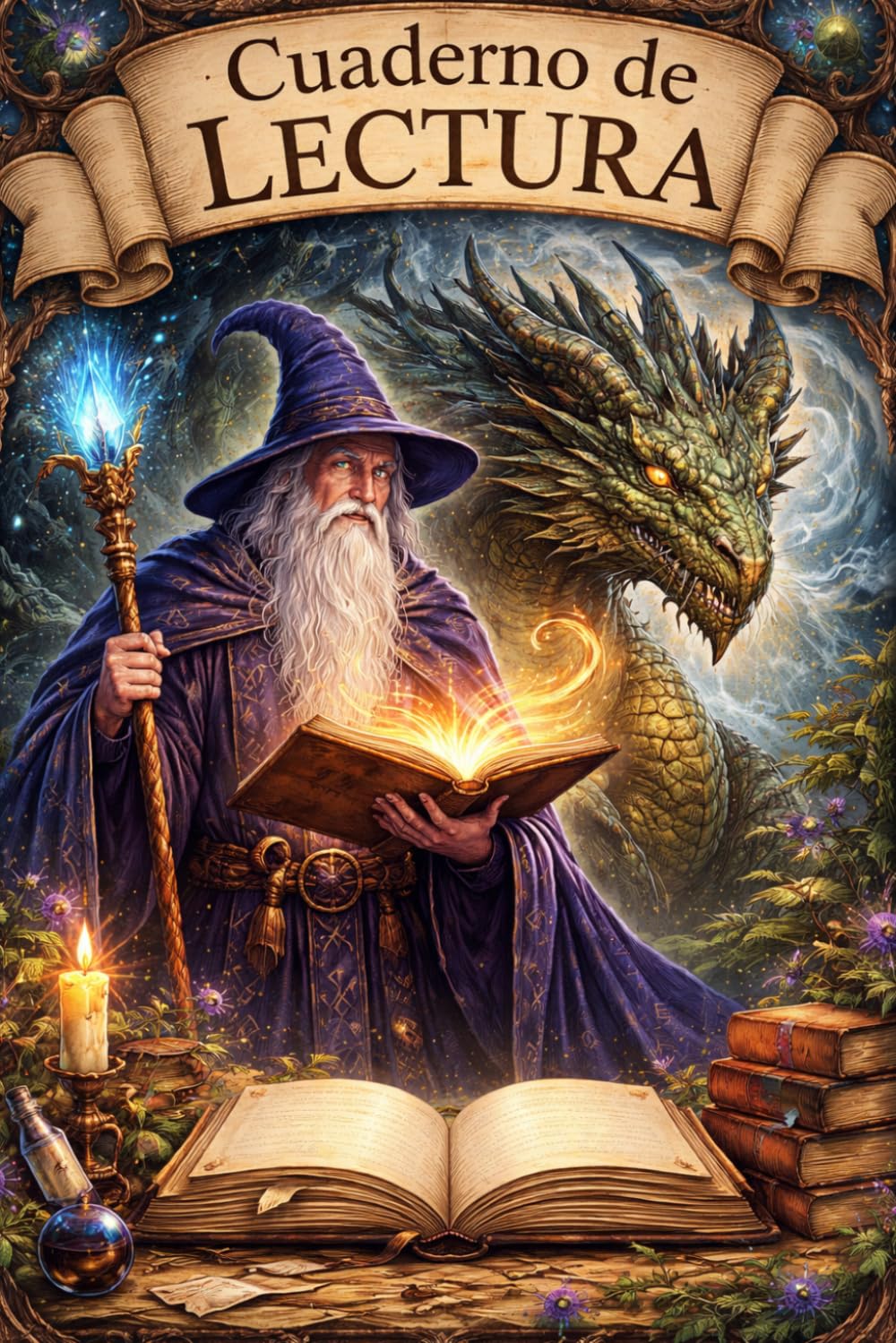 Cuaderno de Lecturas Fantasía Mago con libro junto a un Dragón