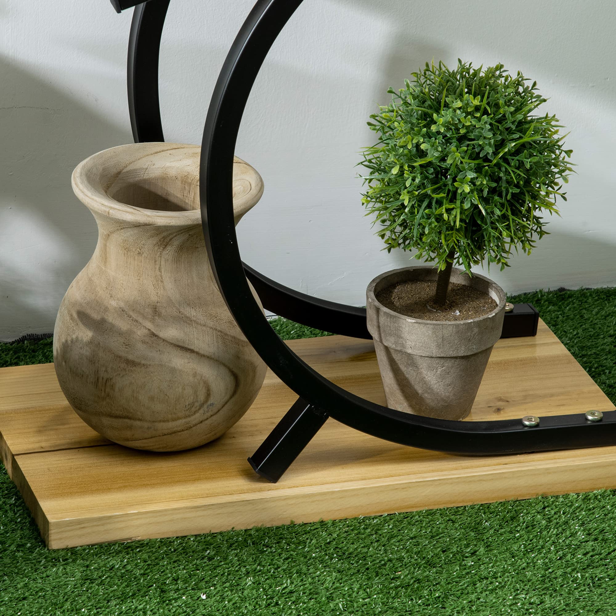 Outsunny 4-Etagen Pflanzenständer S-Förmig Blumenständer 91cm Schwarz | Pflanzenregal aus Metall Holz, Blumenregal, Blumentopfständer, Wohnzimmer, Garten, Balkon