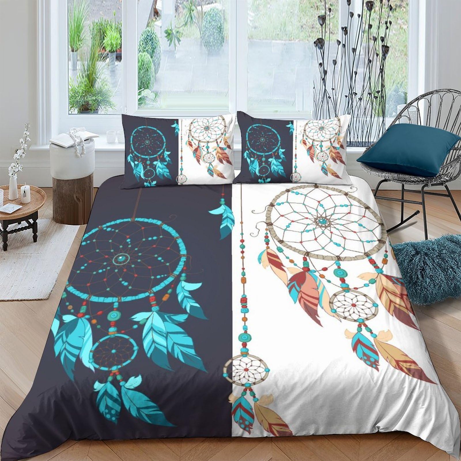 GPLZQXKJNH 3D Printed Dreamcatcher Duvet Cover Microfiber Soft Breathable Feather Pattern Bedding Set with 2 Pillowcases for Bedroom Home Décor Single（135x200cm）