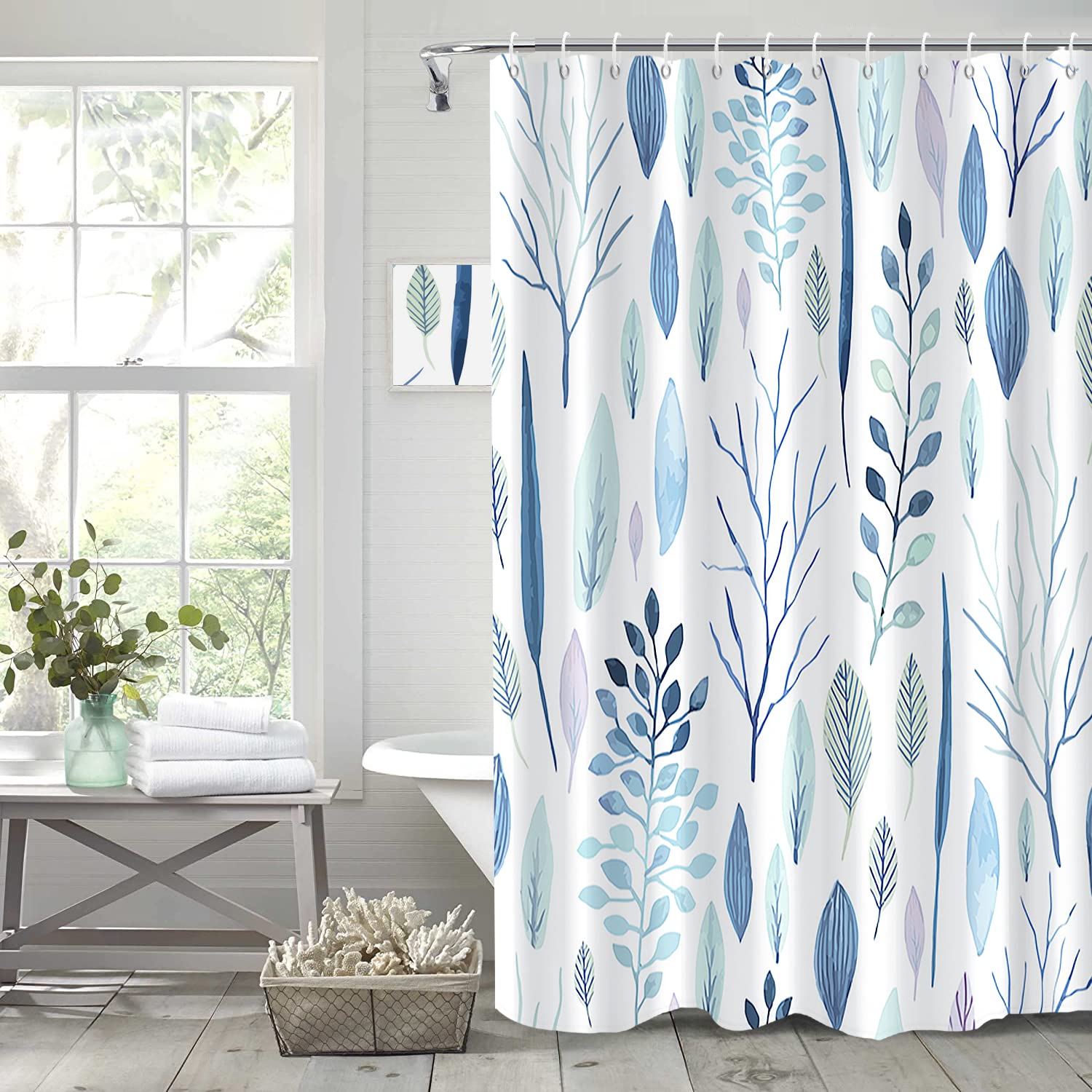 Eucalyptus Leaves Bathroom Shower Curtain Teal Watercolor Leaf Waterproof Polyester Shower Curtains Shower Curtain with Hooks Modern Artistic Aesthetics Home Decorative, 72x72 Inch