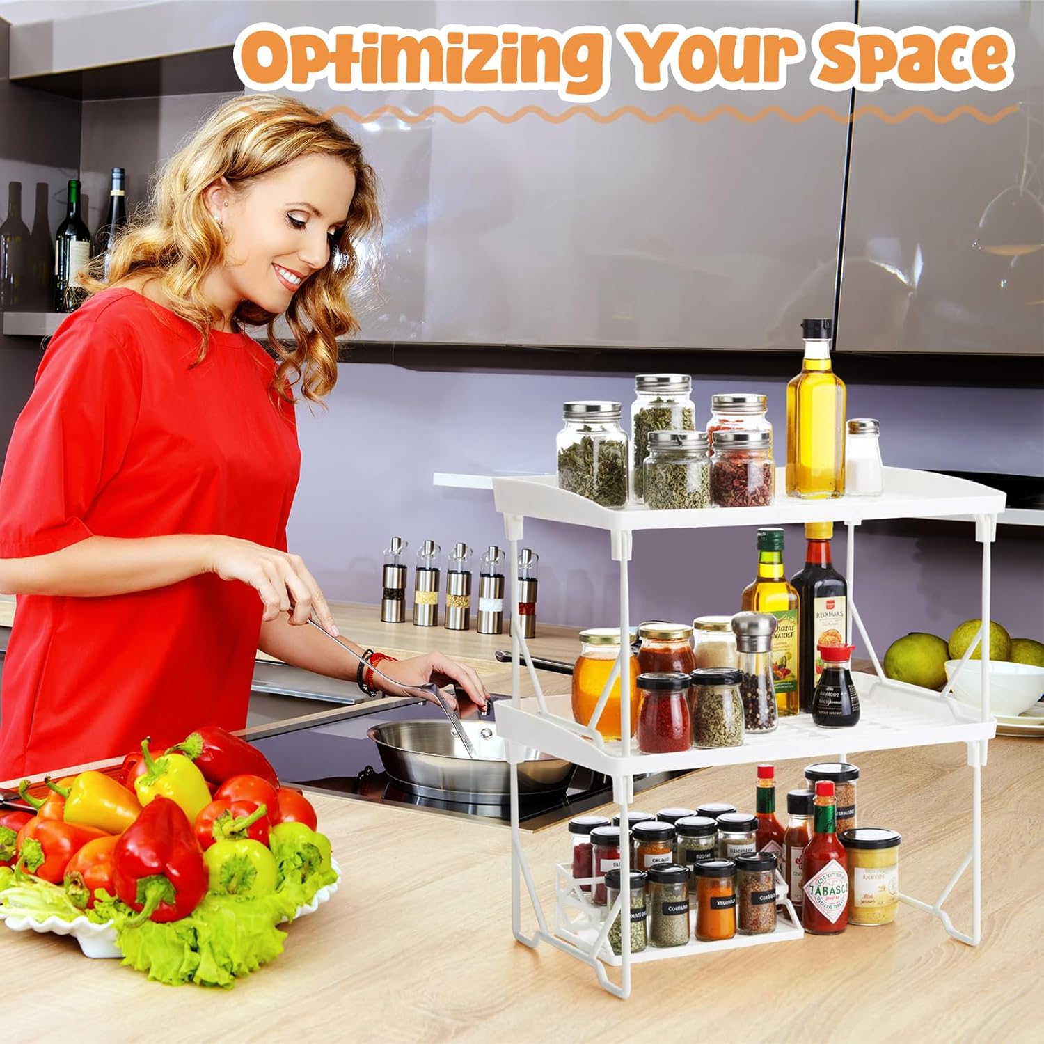 12 Pack White Stackable Plastic Kitchen Storage Shelf Foldable Racks, Pantry Shelf Cabinet Organizers, Expandable Storage Rack for Cabinet Fridge Bathroom (Plastic)