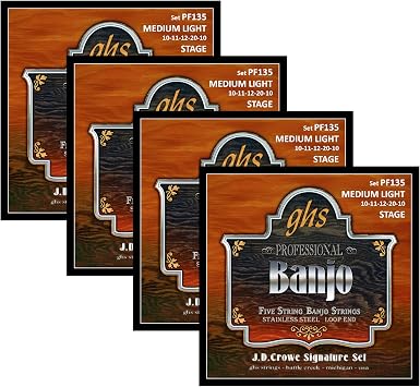 GHS Strings - J.D. Crowe Signature 5-String Banjo Strings Stainless Steel Loop End Bright Tone, Long Lasting Fits any Banjo - USA Made - Stage, Medium Light Gauge - PF135 SET - 4 PACK