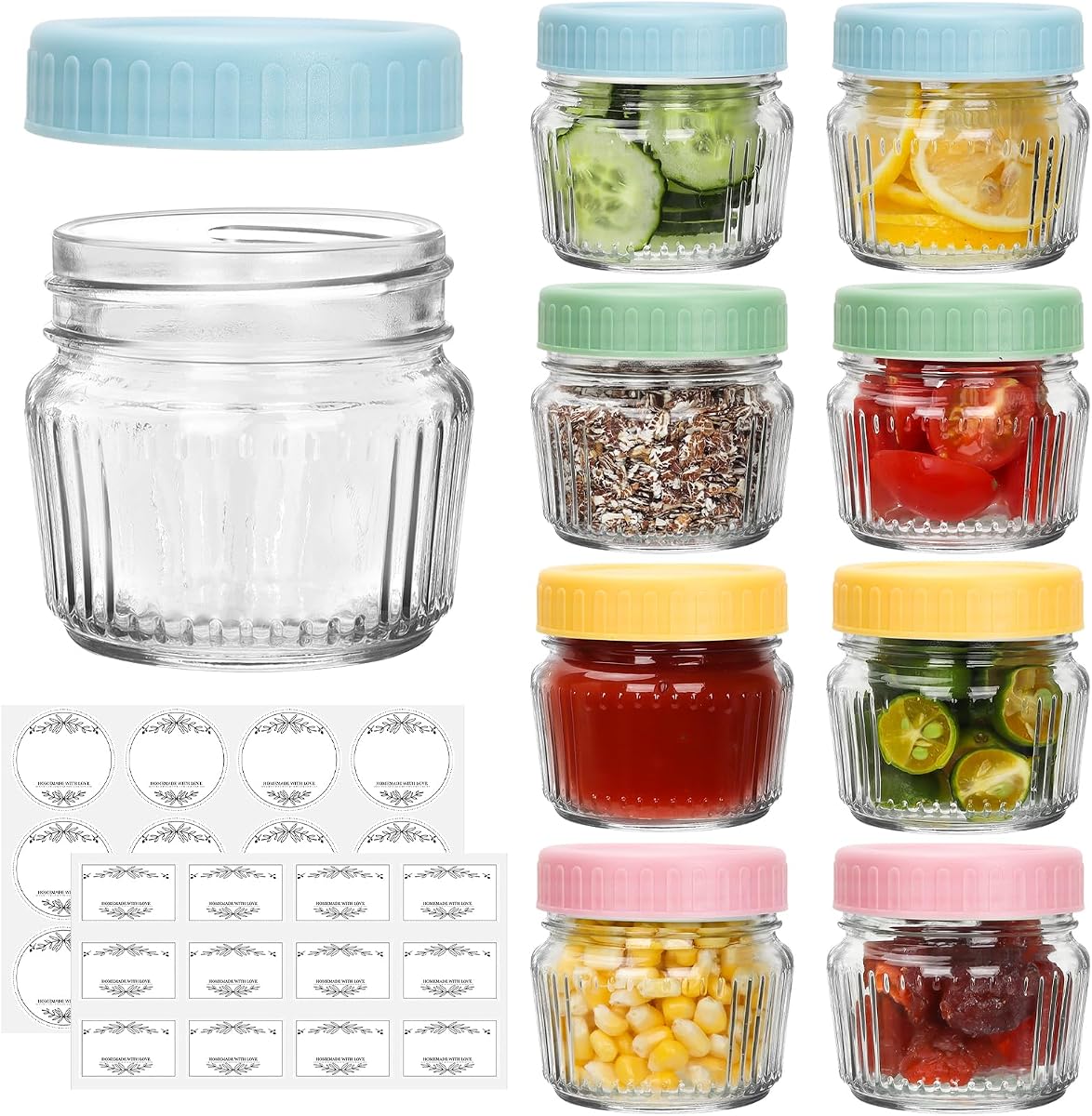 Tarros de cristal de boca regular, mini tarros de cristal de 4 onzas, paquete de 8 | Frascos de vidrio transparente con tapas de plástico coloridas, tarro pequeño para conservas para especias, mermelada, miel, gelatina y postre