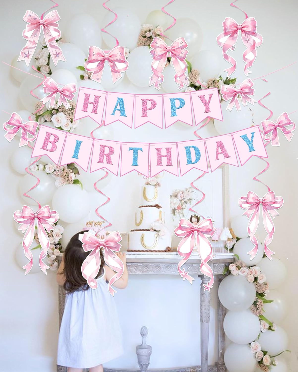 Pre-strung Pink Bow Happy Birthday Decorations - Happy Birthday Banner and Pink Bow Hanging Swirls Kit Decor for Girls Women Room Bachelorette Party