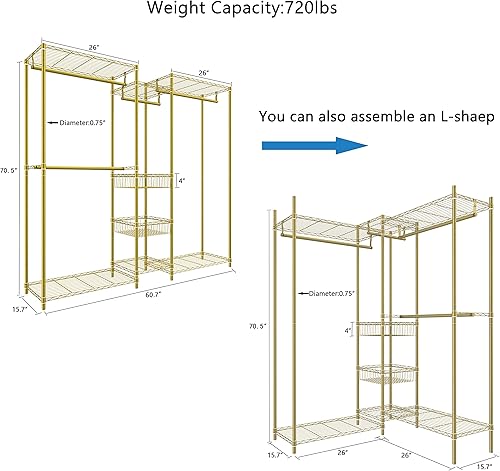 Miniatura 4 de XIOFIO Perchero de ropa resistente de 6 niveles, organizador de almacenamiento de ropa, estante de ropa de metal con barra para colgar, estante