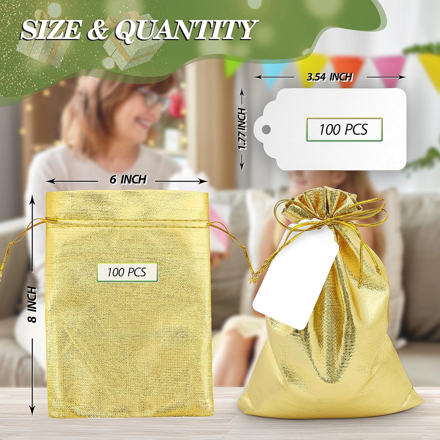 DOYIDE 100Pcs Gold Drawstring Gift Bags, 6x8n Jewelry Bags Drawstring Pouches, Shiny Wedding Party Favor Bags, Sachet Bags Empty for Birthday Party Christmas Baby Shower Candy Favors - Image 2