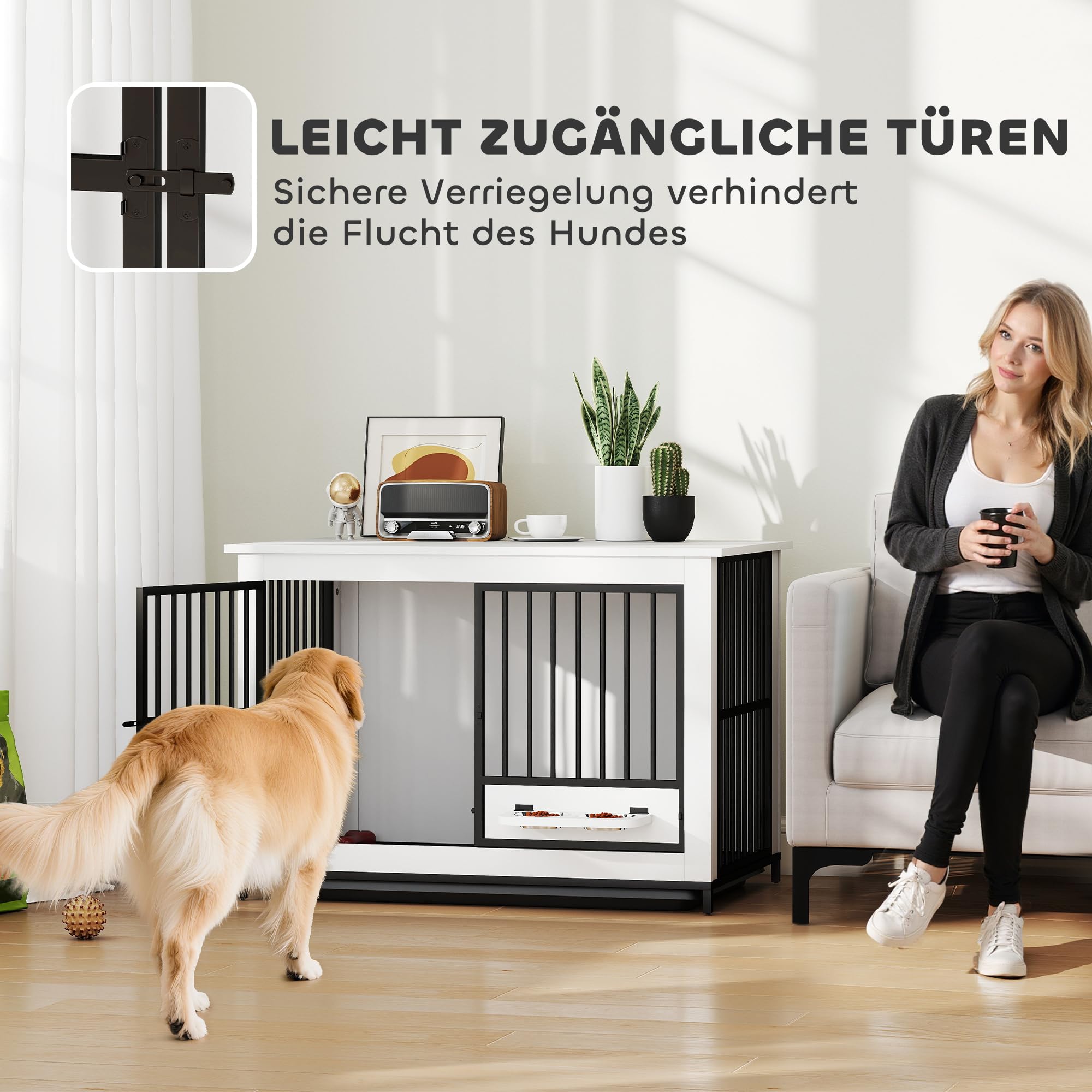 PawHut Hundekäfig Hundebox für Zuhause Abschließbare Hundehütte Indoor mit drehbaren Näpfen, herausnehmbarer Schale für kleine/mittlere/große Hunde Weiß 95 x 60 x 68,5 cm