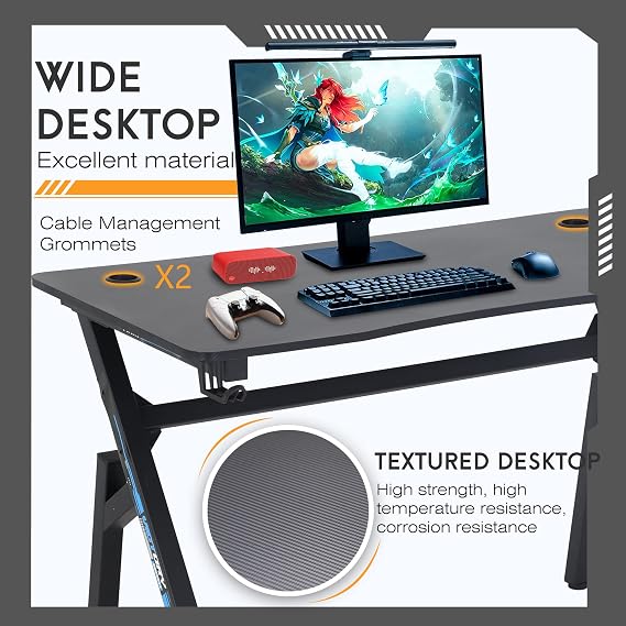 BestOffice | 47 Gaming Desk | Blue | Carbon Fiber Textured Computer Desk | Sturdy Steel Frame, Cup Holder, Headphone Hook, Cable Management Holes, Adjustable Leg Pads | for Gamers, Home, Office