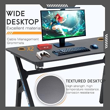 BestOffice | 47 Gaming Desk | Blue | Carbon Fiber Textured Computer Desk | Sturdy Steel Frame, Cup Holder, Headphone Hook, Cable Management Holes, Adjustable Leg Pads | for Gamers, Home, Office