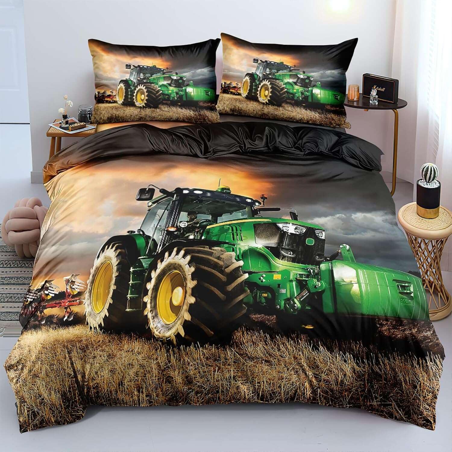 Traktor Bettwäsche 140×200 cm + Kissenbezug mit Reißverschluss 70×90 cm Kinder Junge 3D Traktoren Junge Bettbezüge Wende Bettwäsche Deckung Set mit Reißverschluss Weich Mikrofaser