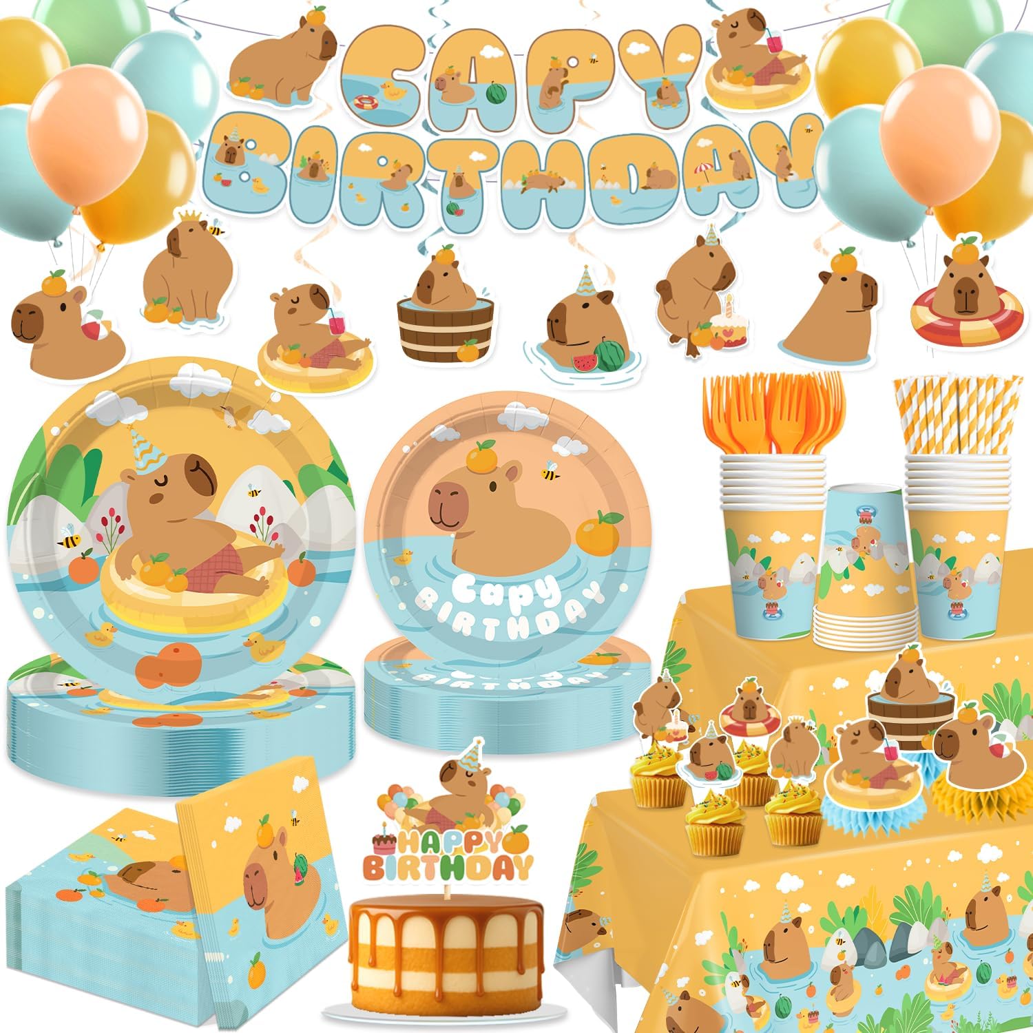 213 PCS Capybara Birthday Decorations Tableware Set, Includes Banner, Cake Topper, Balloons, Plates and Napkins for Capybara Birthday Party, Service 25 Guests