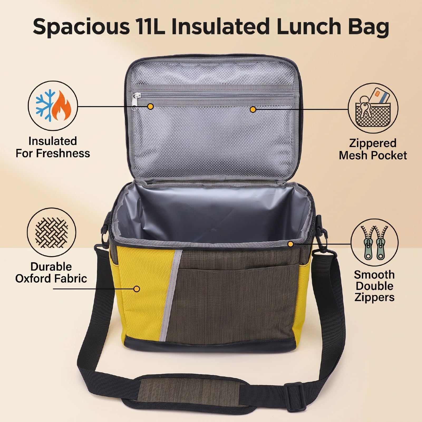 Bolsa de Almuerzo Aislada de 11 L, Impermeable, Reutilizable,