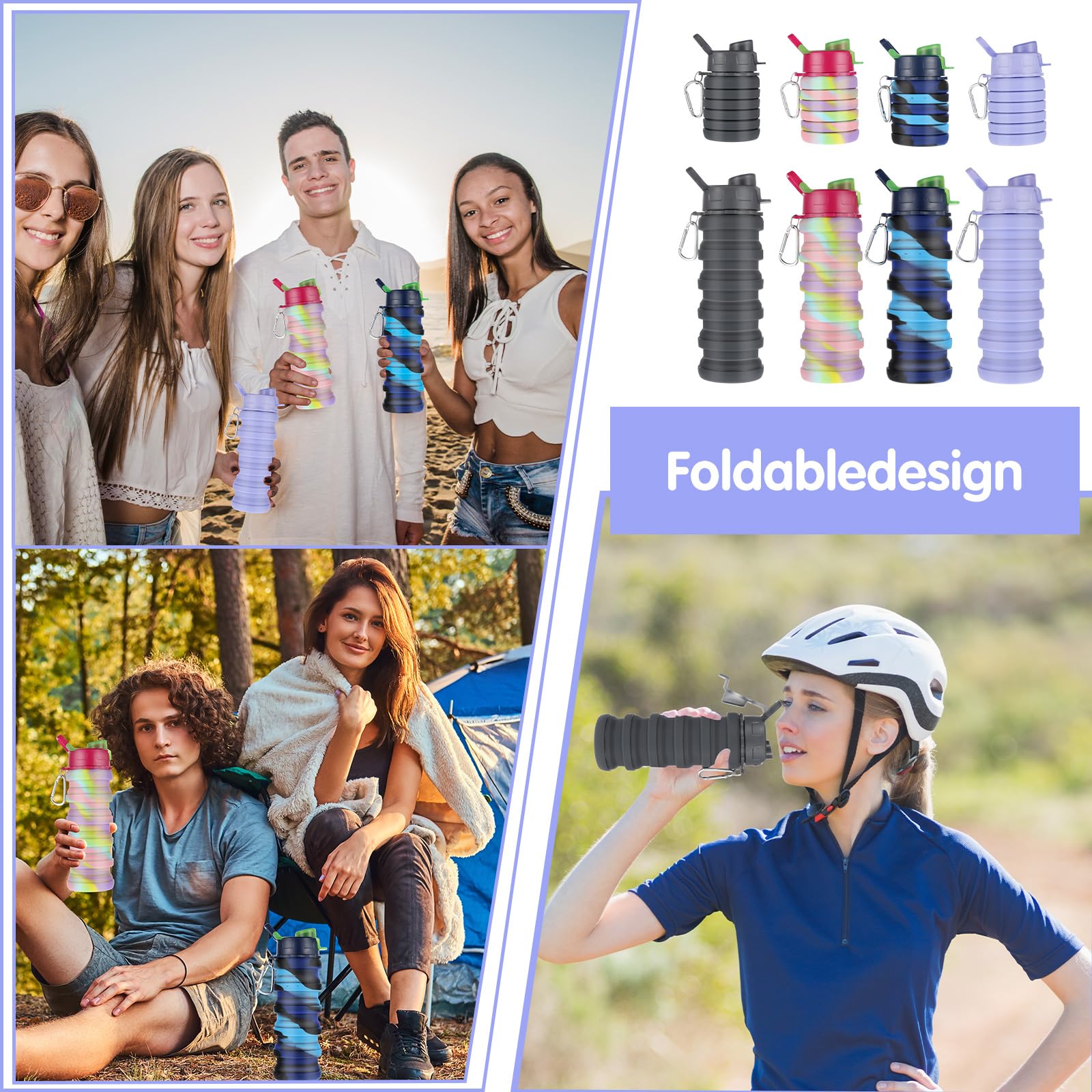 MAQUITA 4 botellas de agua plegables de 16 onzas, botellas de agua plegables portátiles de silicona a prueba de fugas, botella de agua de viaje, reutilizable, botella de agua deportiva con clip de