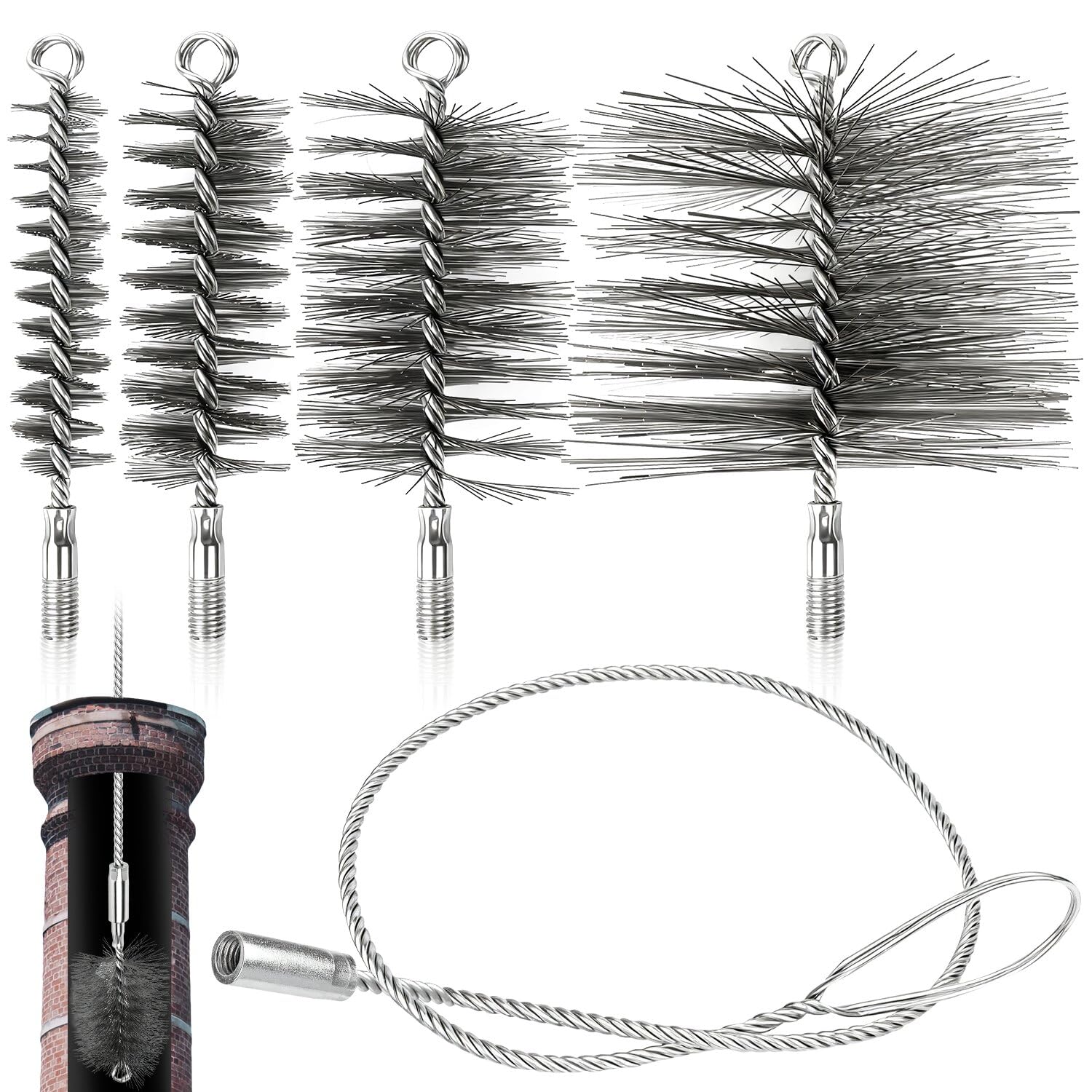 Stove Pipe Brush Fireplace Cleaning Brushes 4Pcs Oven Pipe Brush 30 50 80 150mm Fireplace Brushes Steel Wire Fireplace Fireplace Channels Pipe
