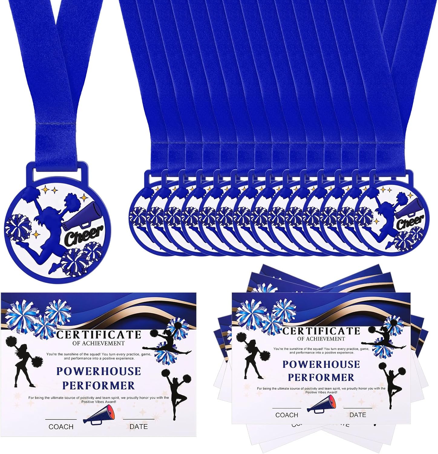 48 Pcs Cheer Team Gifts Bulk 24 Cheerleader Award Medals with 24 Certificates for Spirit Competition, End of Season Party Supplies
