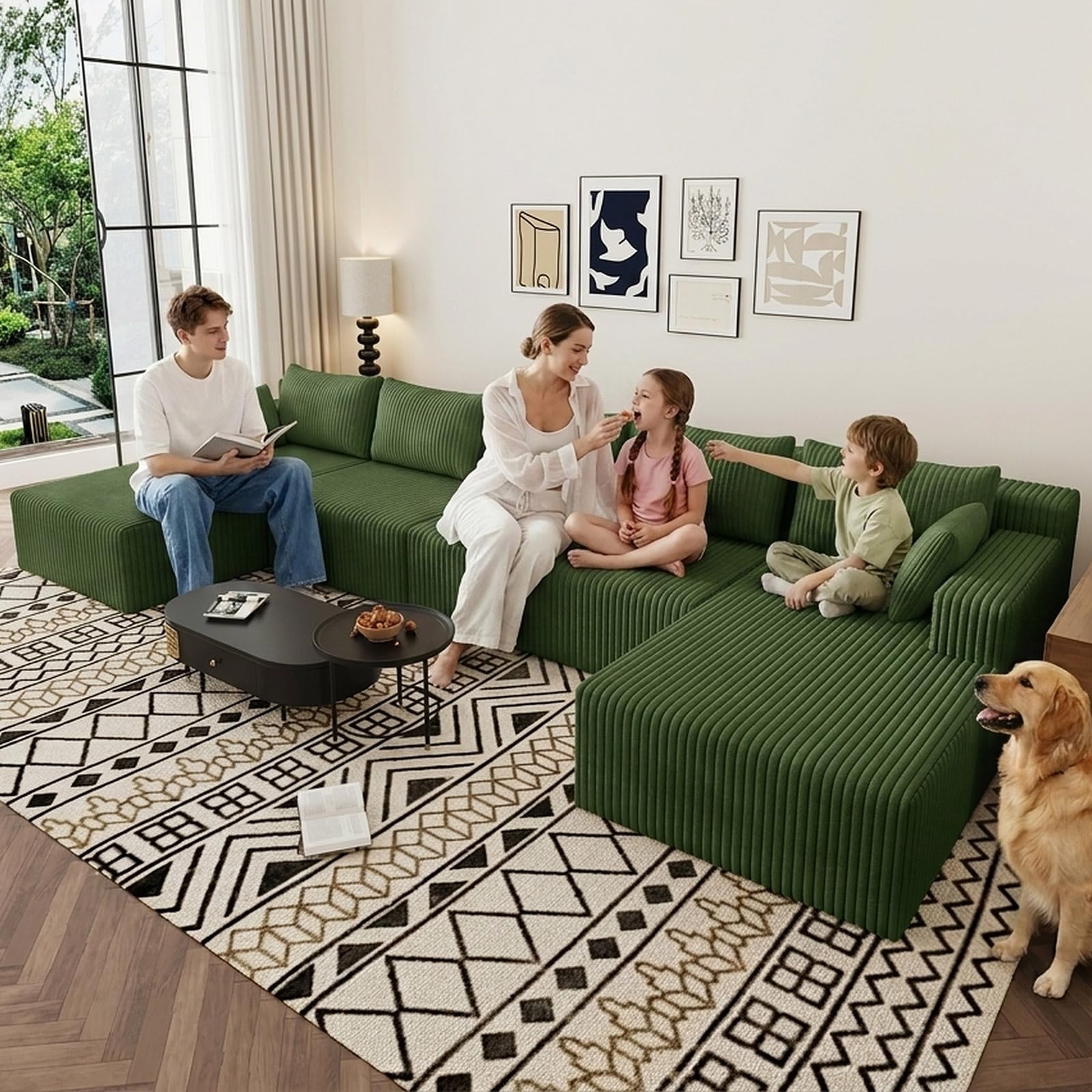 160" U-Shape Cloud Couch, Modern Modular Sectional U-Shape Sofa, Corduroy Boneless Couch Upholstered Couches Deep Seat Sleeper Chaise Longue for Living Room, No Assembly Required,Green
