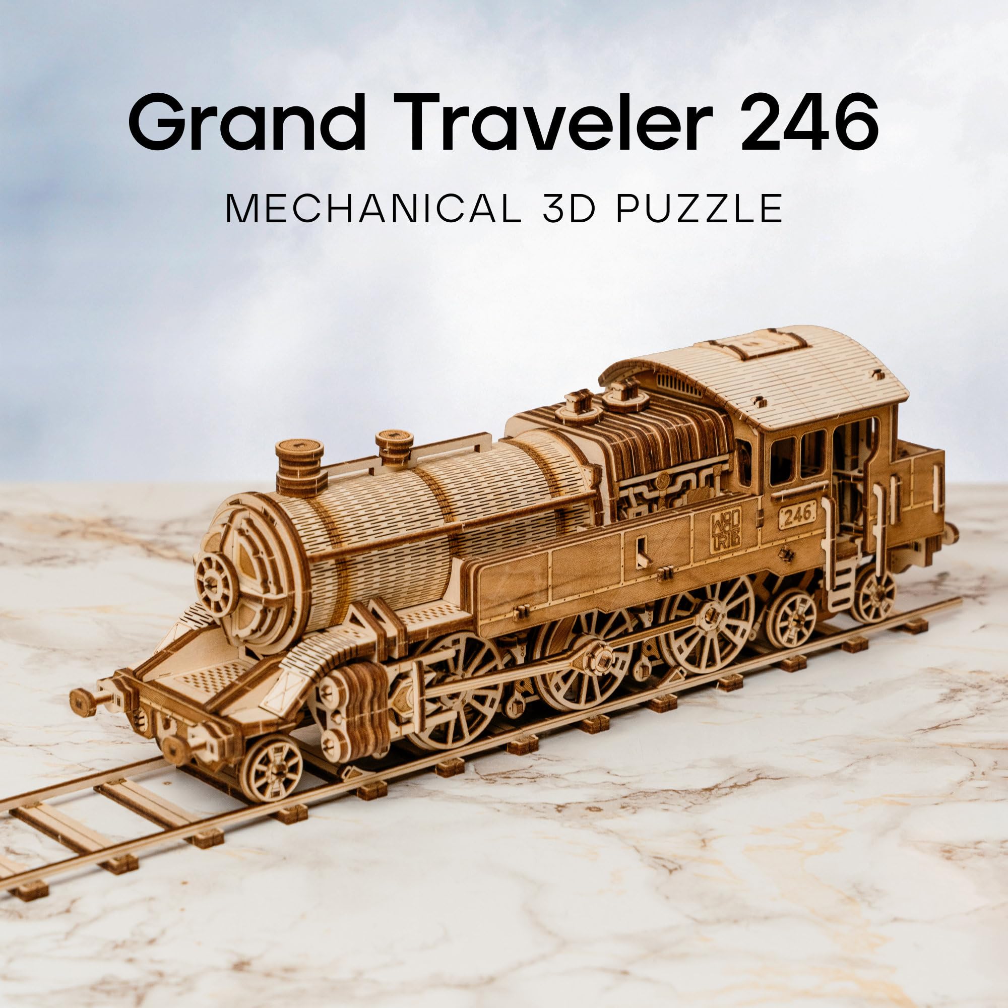 Wood Trick Grand Traveler 246 drewniany zestaw pociągów z koleją - przejażdżki do 6 m - zestaw modeli lokomotywy - drewniane puzzle 3D dla dorosłych do budowania - inżynieryjne modele DIY