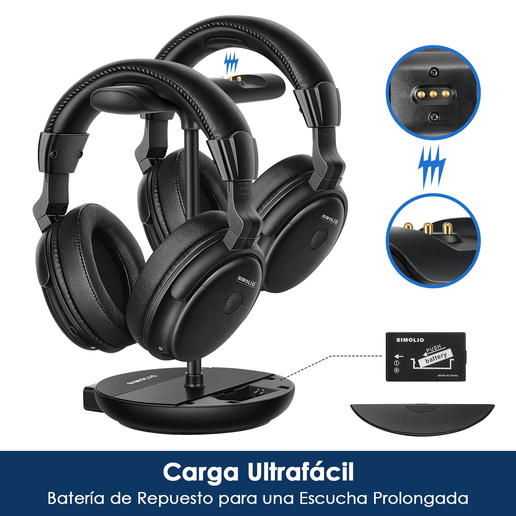 SIMOLIO 829D2 Duo Auriculares para TV con Modo Ambiente para Mayores | Modo TV y BT, Voz Clara, Control de Tono y Balance, Conexión para Soundbar, Base con Batería Extra, Sin Retraso, 50M